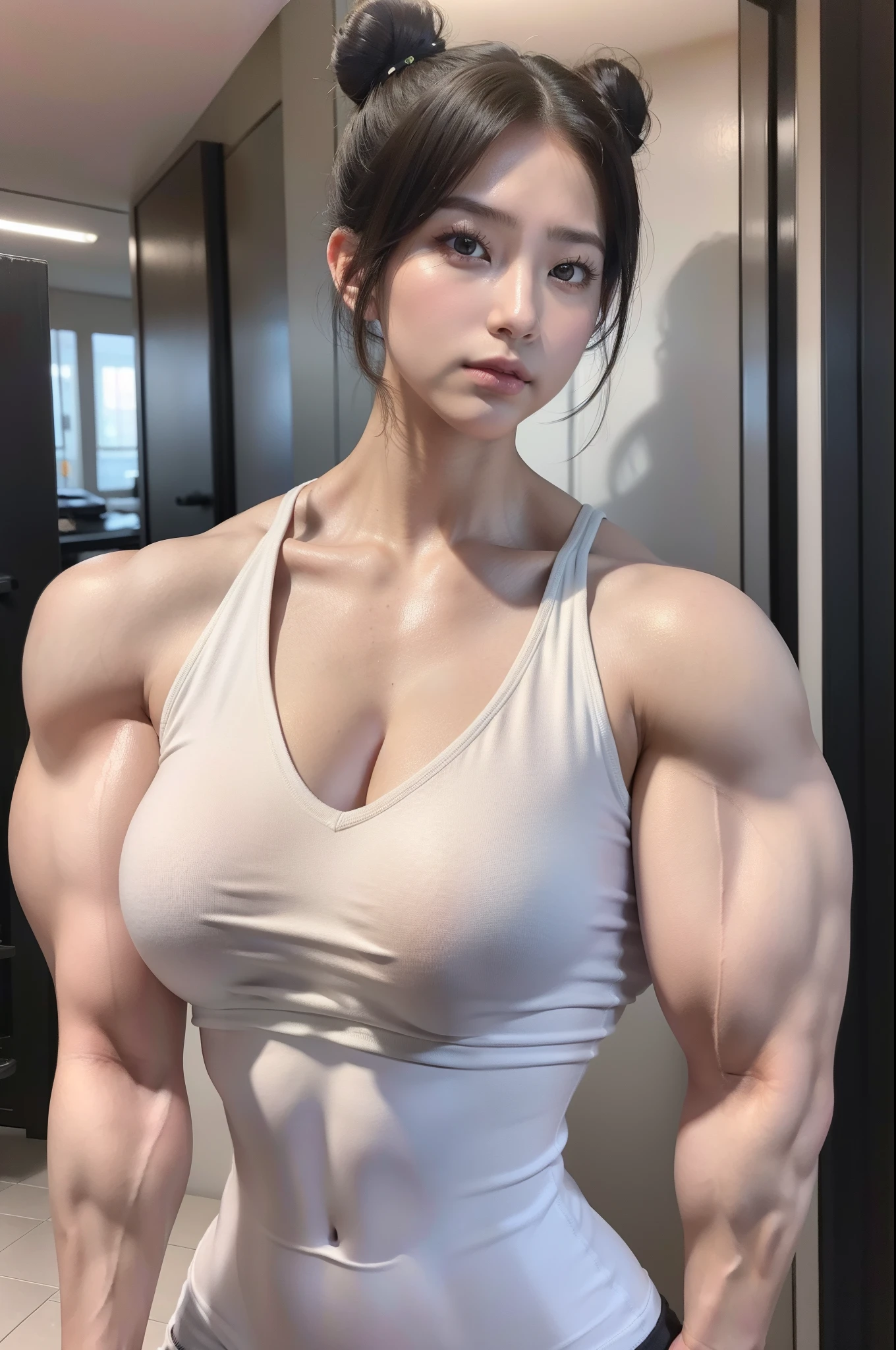 one-girl,double bun hair,hyper HD,,8K,HD,is very beautiful, hyper photorealism, Strong arms, big arms, musculature, musculature, Very beautiful. Big muscles, Big muscles, Korean girl, showing off biceps, large biceps, Large muscles, Muscular girl, big shoulders, Bulging muscles, Huge muscles,Muscular, Muscular_Female, Abs, 1girll, Biceps, Double_Bun, shades, Covered_Abs, Solo, Bare_bshoulders, Muscular_Male, Looking_at_peeping at the viewer, Lips, brown_Eyes, chest muscle, tanks_Top