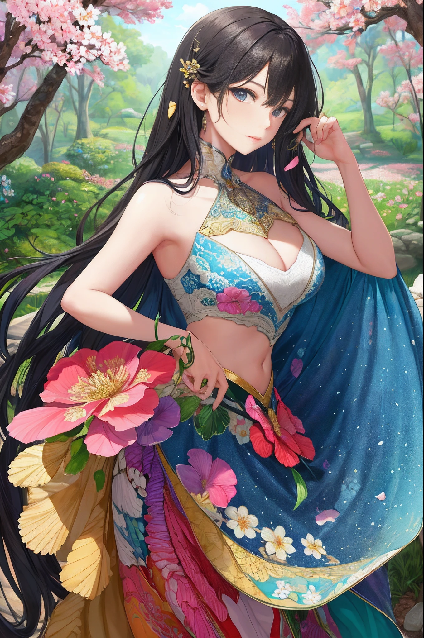 (1girll, Solo, From the side Side), The is very detailed, (abstract backgrounds, zentangle, s fractal art:1.3), (many color, Colorful:1.1), (feater, petals, blossoms:1.3), dynamicposes, 耳Nipple Ring,portrait of a princess, , in the art style of bowater, Baroque fluffy skirt,Fantasy art style, beautiful fantasy maiden,Exquisite and perfect facial features,美丽细致的眼睛,long eyelasher,Delicate eyeliner,Blue eyes,Dark pupils,,There are bright spots in the eyes,almond eyes,Beautiful lip details,8K high-definition,anatomy correct,Oil painting thick painting style,Messy black hair,cottage in the forest,Colorful birds