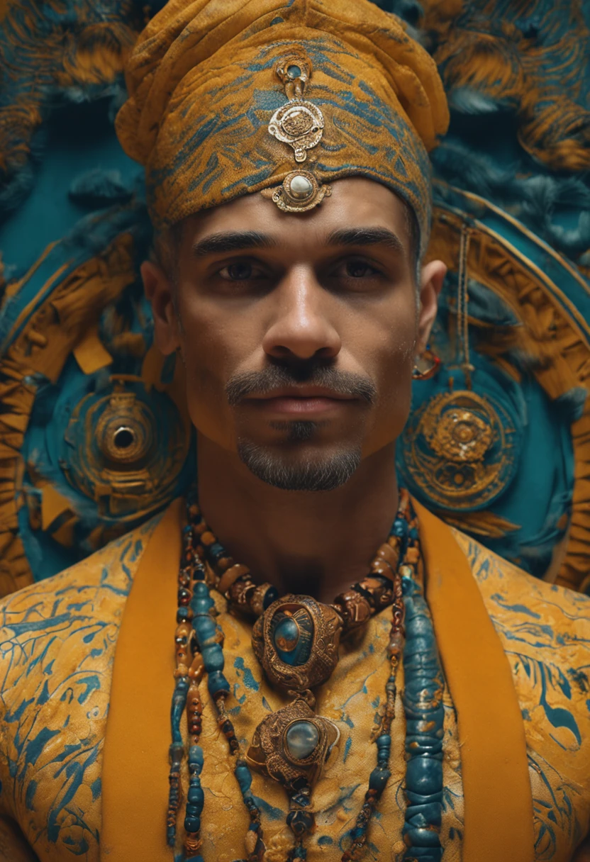 pintura realista, retrato de um homem pardo com olhos amarelos, roupas brancas com adornos de ouro, ritualistic tattoos by the body, serene expression, fundo realista, soft-lighting, clima misterioso.