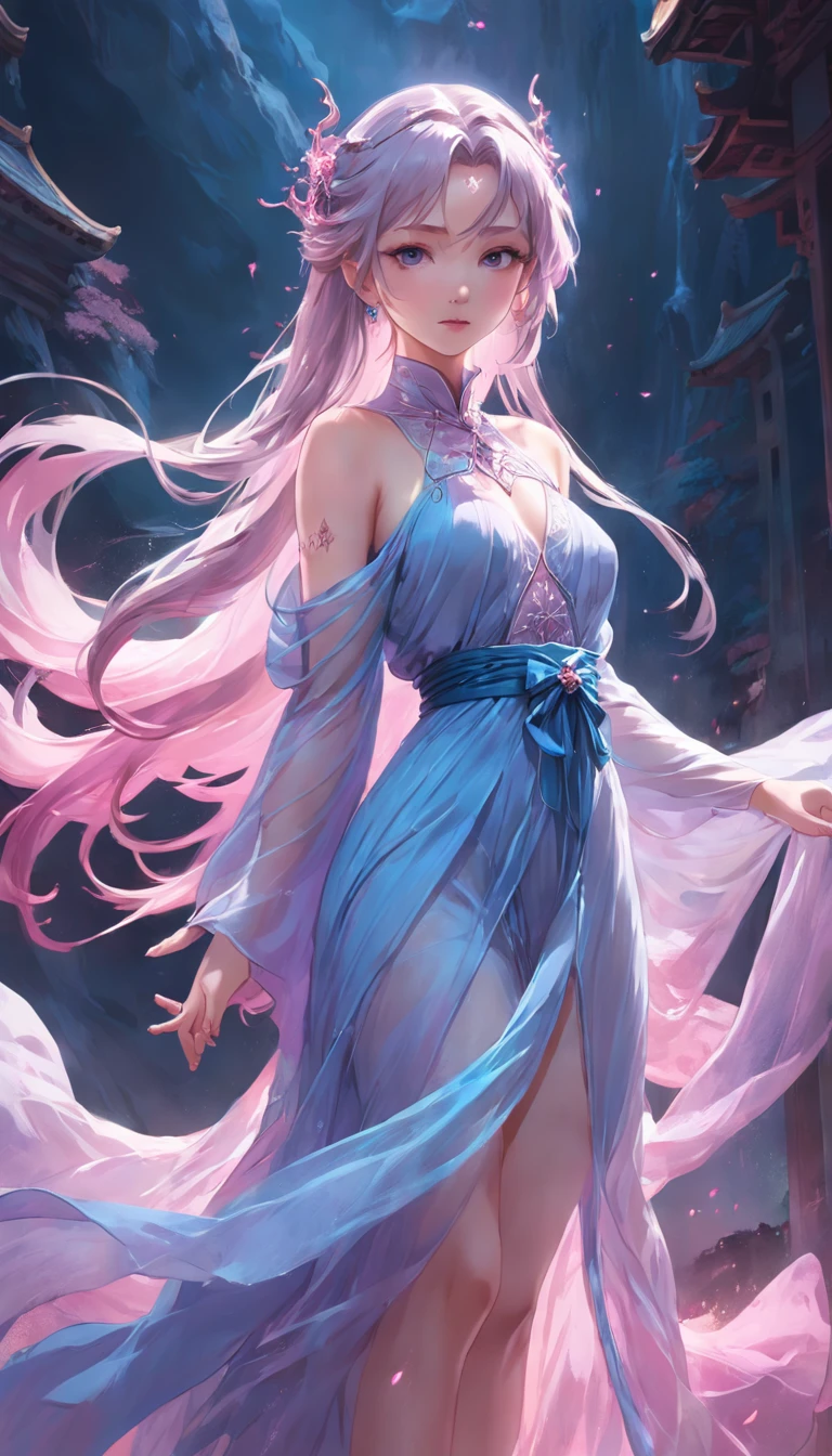 best qualtiy， tmasterpiece， 超A high resolution, Close up portrait of woman in bluish-pink flowing gauze dress, full body close-up, sexy for, cropped shoulders, Beautiful teenage girl, a beautiful fantasy empress, ethereal beauty, Beautiful fantasy maiden, beautiful goddess, ((a beautiful fantasy empress)), Oriental Fantasy, ethereal fantasy, Detailed scene, amazing pose, Eye-catching accessories, painting-like
