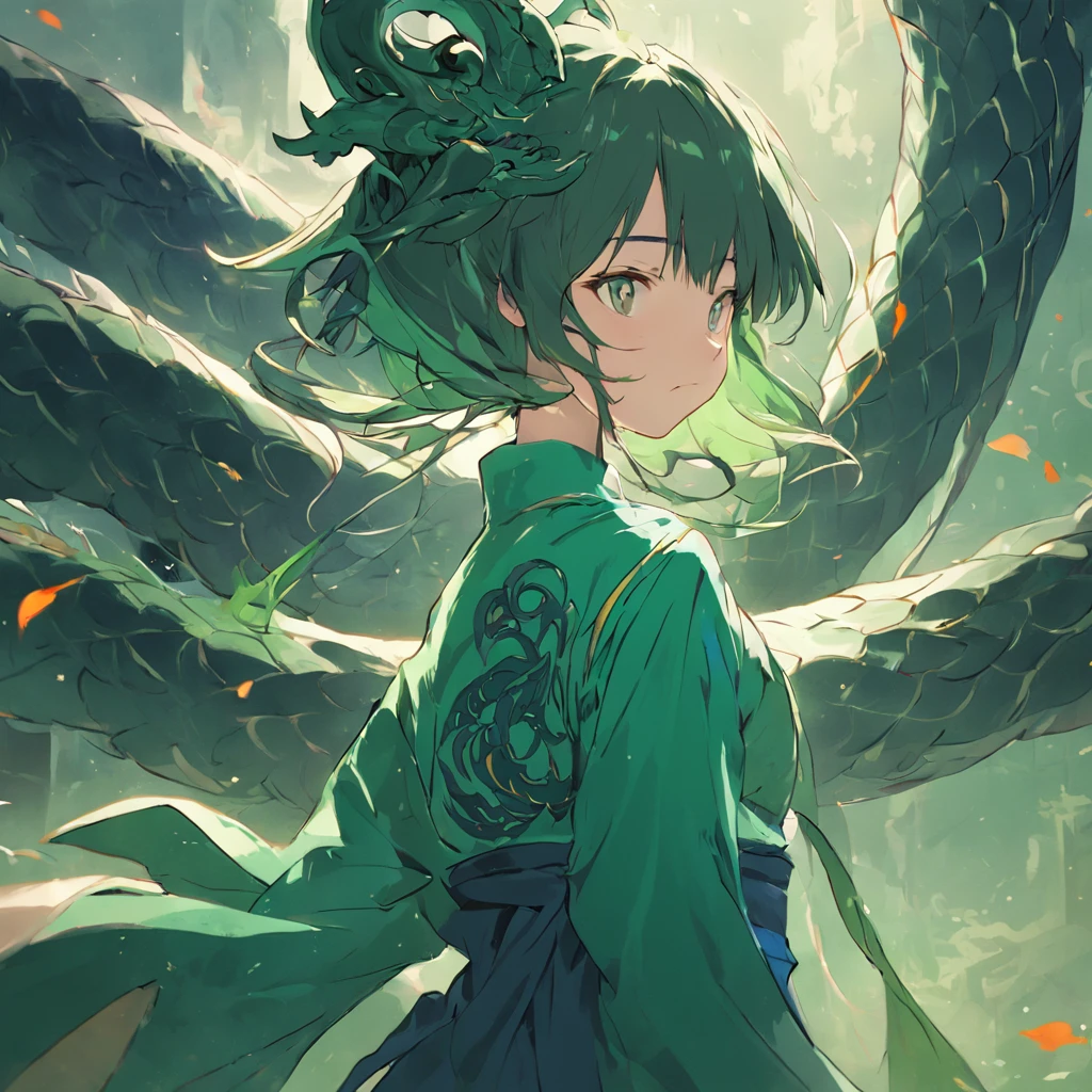 A female goddess with a dragon in the back the main color is green a very beautiful navy blue and 20years old antique clothes