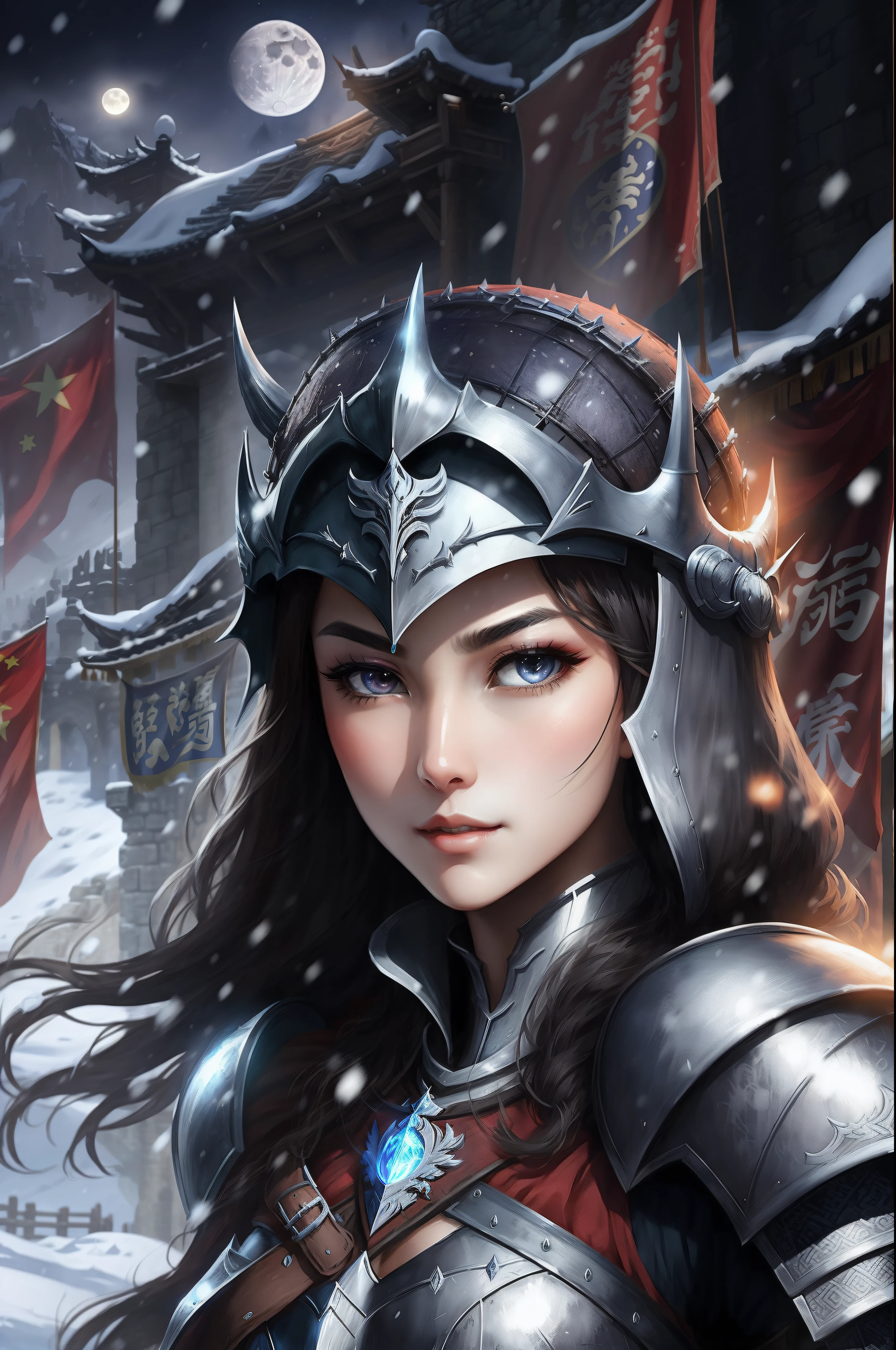 Cyberwind，drak，Snow Moon，medieval times，heroine，triumph，Banners，The face is clear，Quality female faces，Delicate skin，armour，Chinese Ancient Times，karo