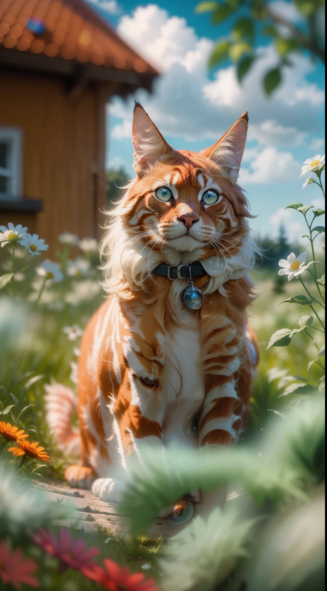 Red maincoon, Sitting in the grass among the flowers, Very high-quality photo, professionally staged light, on a street with clear weather, blue cumulus clouds in the sky, very beautiful, an awesome landscape against the background, A still from a movie with chromatic aberration, add a bokeh effect and a slightly blurred background, multi-colored particles float in the air, film grain, 8k, super detail