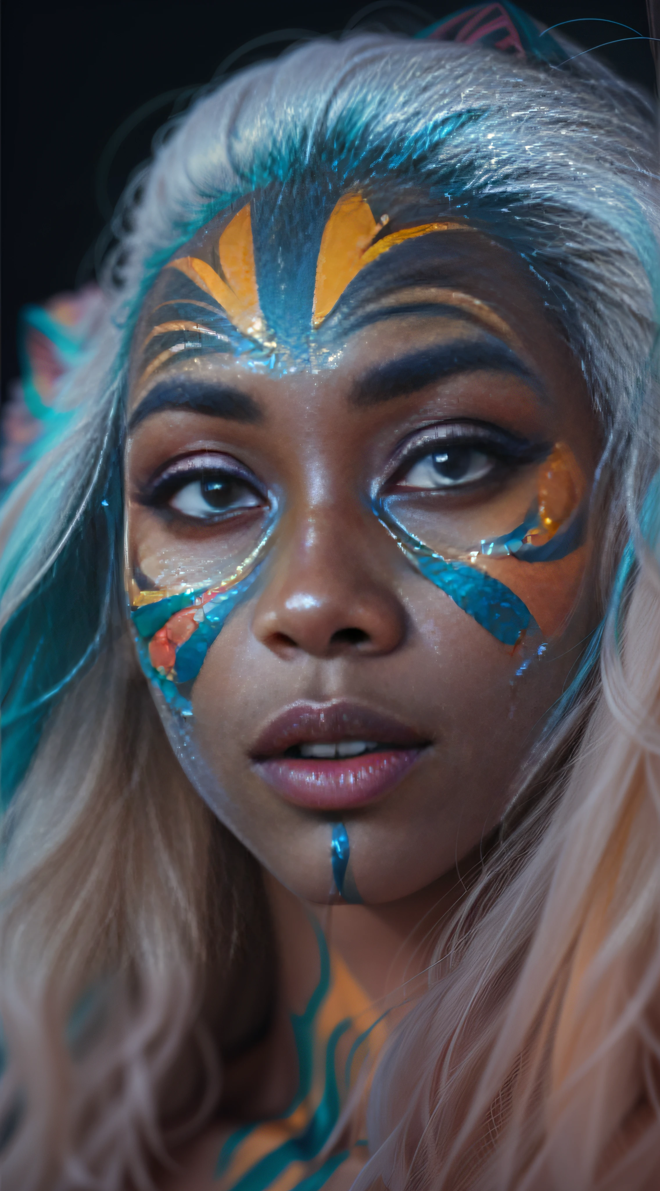 32k, total nude full body view from head to toe of black skin asian young skinny woman, ((without clothes, black skin, absolutely nude, small boobs)), very beautiful tribal raccoon sexy skinny young 20 yo woman with excessive intricately detailed vivdly colorful facepaint bodypaint makeup, stunning radiant teal eyes, gorgeous white hair with pink highlights, magical night sky background, (total nude) full length body shot, trending on artstation, sharp focus, studio photo, intricate details, highly detailed, 32K resolution, perfect composition, perfect face, ultra detailed