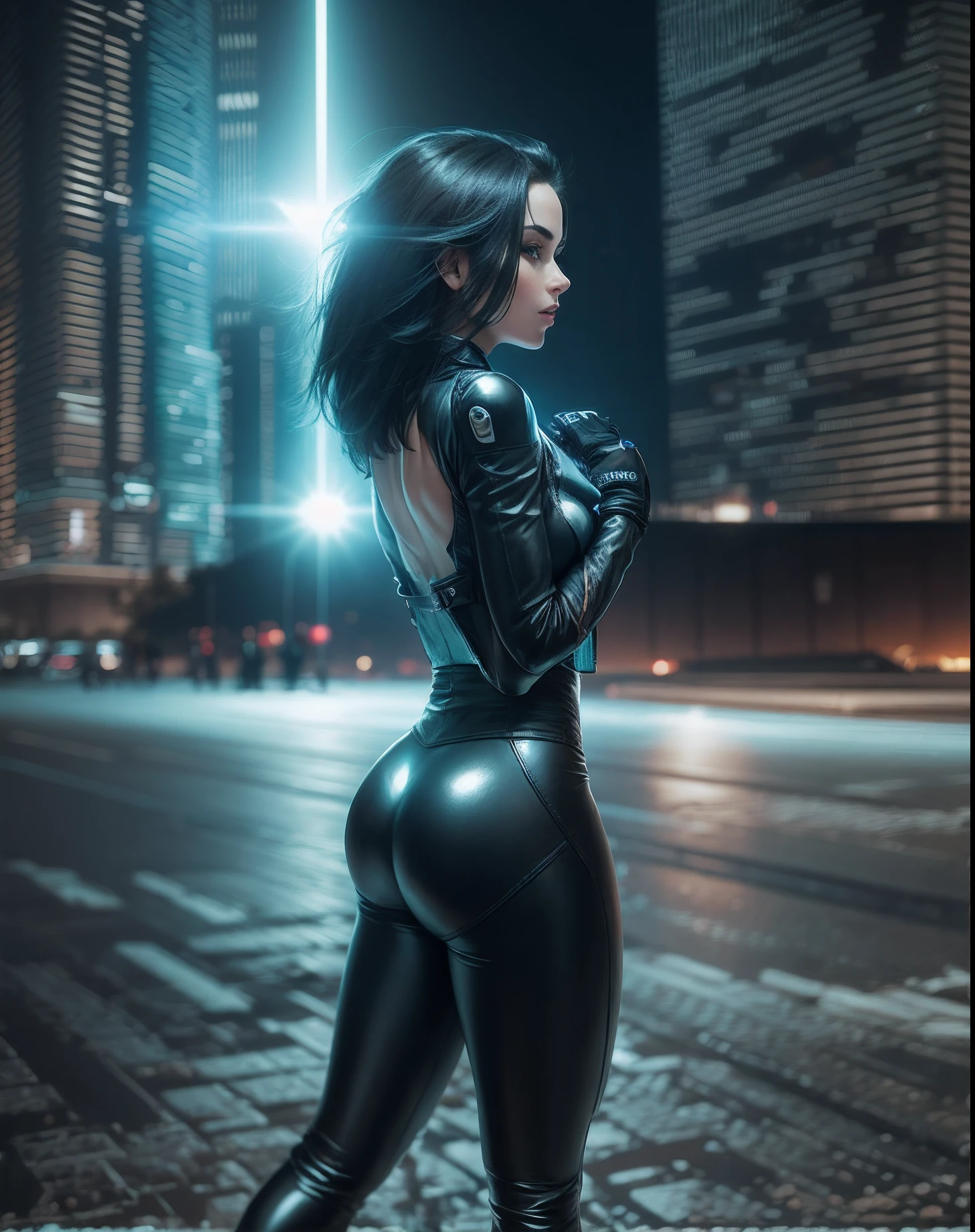 Woman in tight leather pants riding on a futuristic motorcycle, sci-fi, futuristic street, well lit, cyberpunk