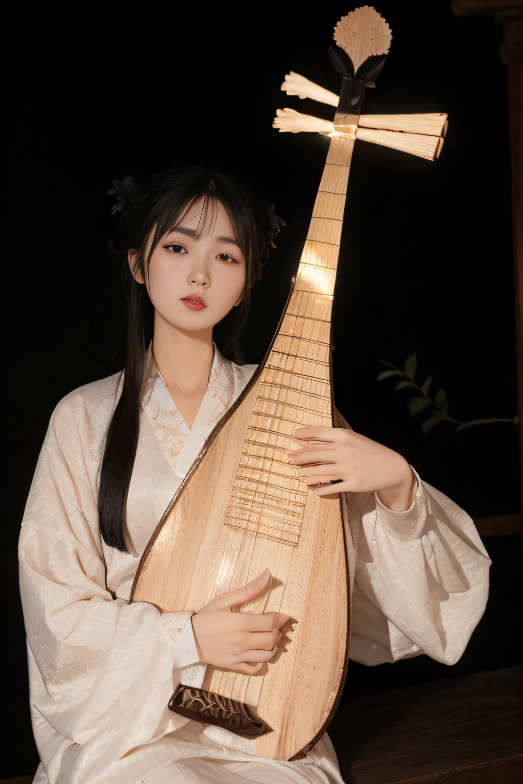 Full Moon An Arad woman in a white dress holds a wooden musical instrument, Holding a lute, inspired by Gu Kaizhi, is playing a lute, lute, world of lute, Chinese traditional, Inspired by Tang Yifen, inspired by Lü Ji, Inspired by Huang Ji, style of guo hua, inspired by Song Xu, Inspired by Song Maojin