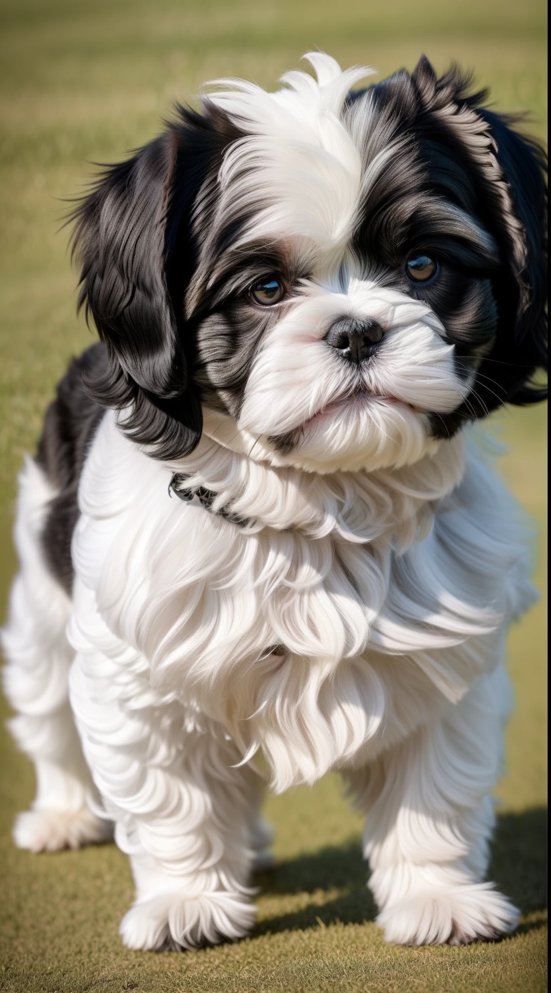 A white and black Shih Tzu puppy stands still, its inquisitive gaze fixed ahead, exuding an air of charming curiosity. Set against a realistic backdrop, every strand of its fluffy coat glistens in the soft, warm sunlight, showcasing intricate details in stunning 8K HD quality. The puppy's alert expression captures a fleeting moment of innocent wonder, inviting you to share in its world of delightful exploration.