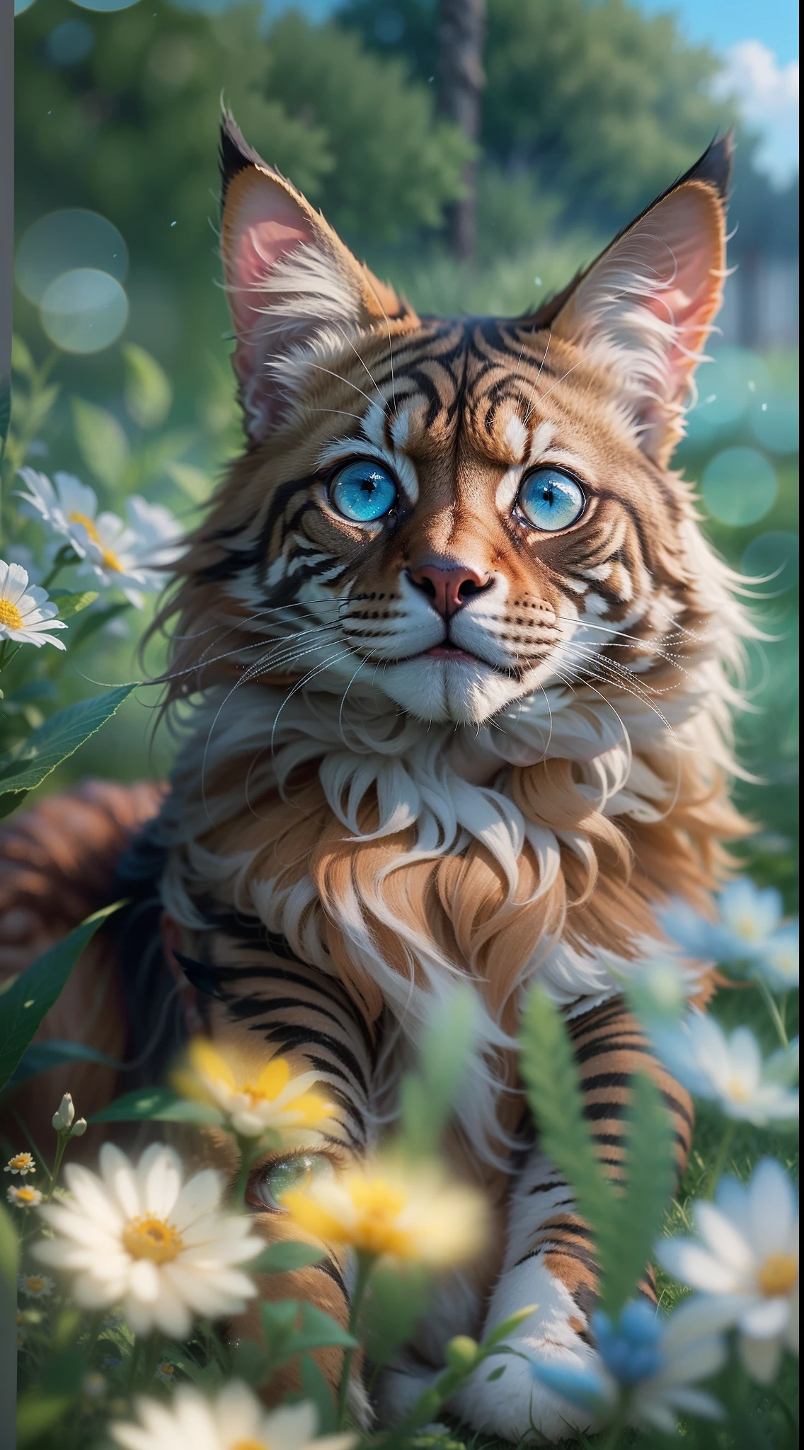 Russet maincoon With blue eyes, Sitting in the grass among the flowers, Very high-quality photo, professionally staged light, on a street with clear weather, blue cumulus clouds in the sky, very beautiful, an awesome landscape against the background, A still from a movie with chromatic aberration, add a bokeh effect and a slightly blurred background, multi-colored particles float in the air, film grain, 8k, super detail, macroLens