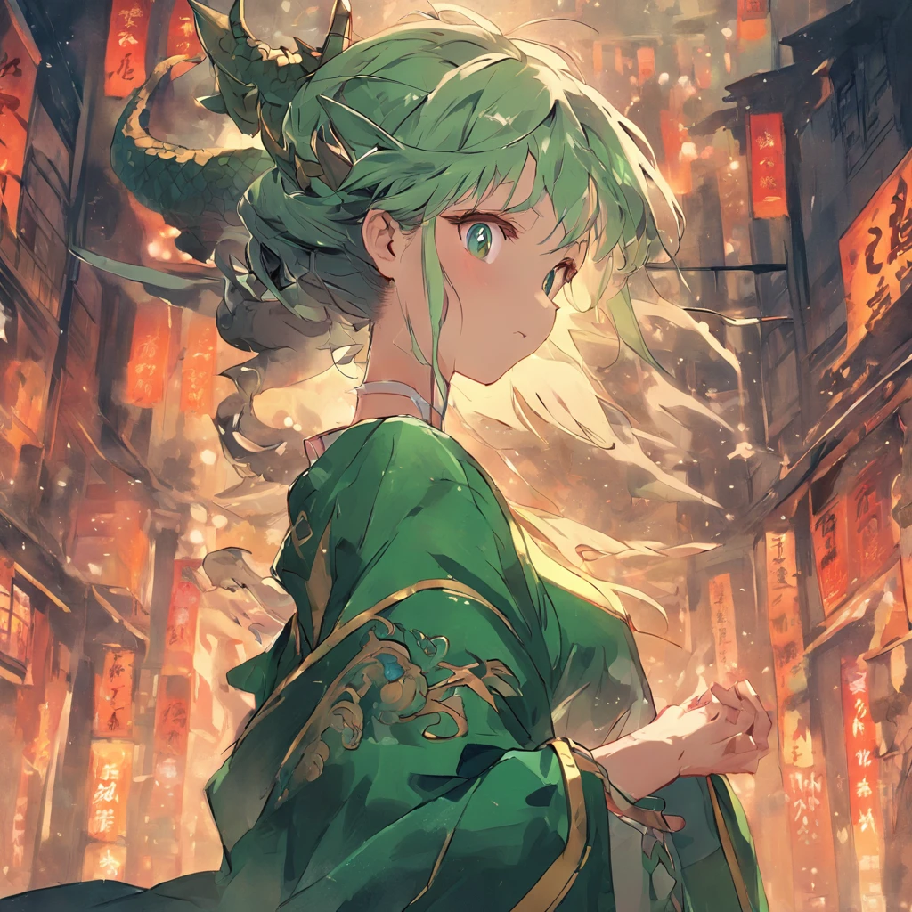 A female goddess with a dragon in the back the main color is green a very beautiful navy blue and 20years old antique clothes