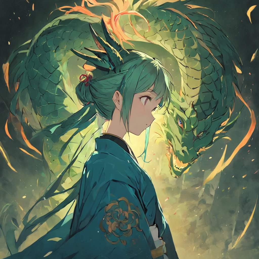 A female goddess with a dragon in the back the main color is green a very beautiful navy blue and 20years old antique clothes