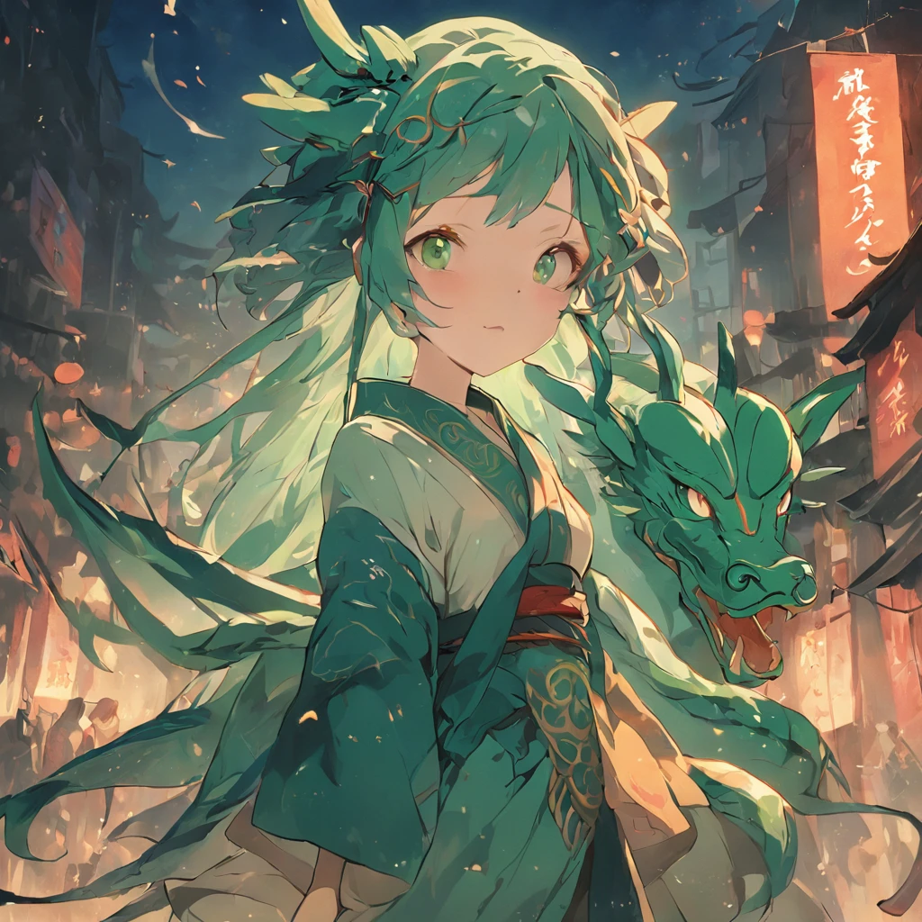 A female goddess with a dragon in the back the main color is green a very beautiful navy blue and 20years old antique clothes