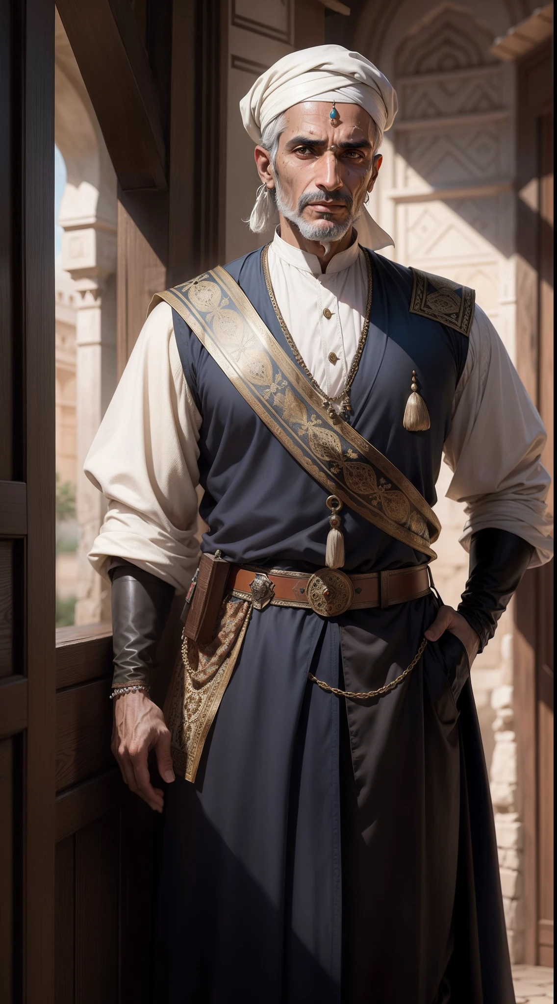 Malik Ayyaz, 16th century, Dalmatian in muslim clothes, India Pasha's clothes, renaissance, age of exploration, middle-aged, age of 40, man, weathered, scar, daring, brave, ready to fight, greed, realistic, knowledgeable