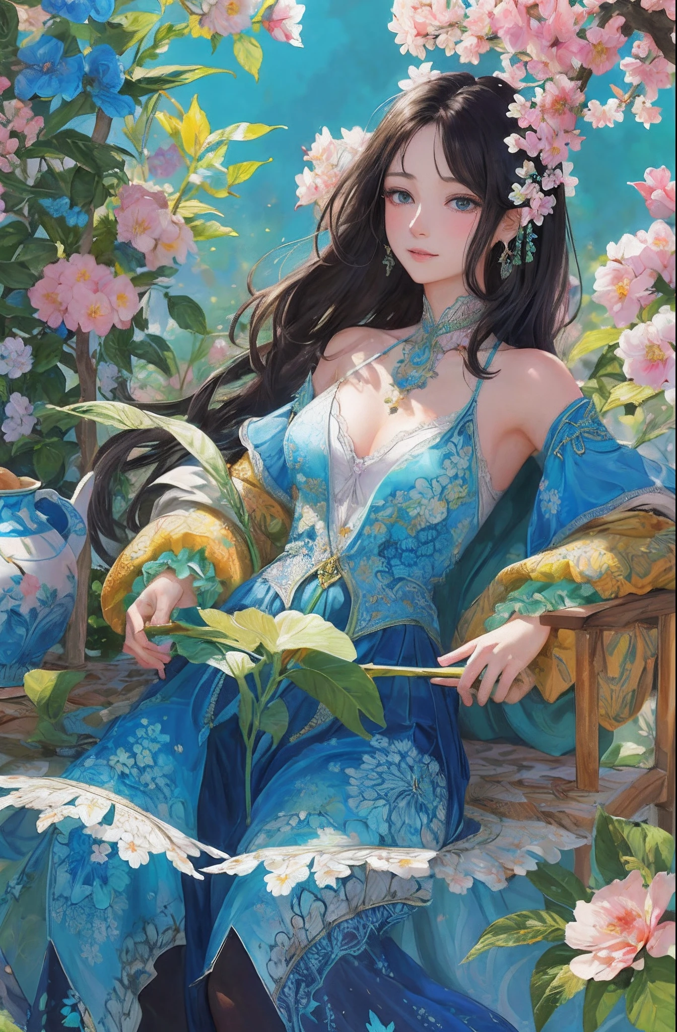 (1girll, Solo, ), The is very detailed, (abstract backgrounds, zentangle, s fractal art:1.3), (many color, Colorful:1.1), (feater, petals, blossoms:1.3), dynamicposes, 耳Nipple Ring,portrait of a princess, , in the art style of bowater, Baroque fluffy skirt,Fantasy art style, beautiful fantasy maiden,Exquisite and perfect facial features,美丽细致的眼睛,long eyelasher,Delicate eyeliner,Blue eyes,Dark pupils,,There are bright spots in the eyes,almond eyes,Beautiful lip details,8K high-definition,anatomy correct,Oil painting thick painting style,Messy black hair,cottage in the forest,Colorful birds