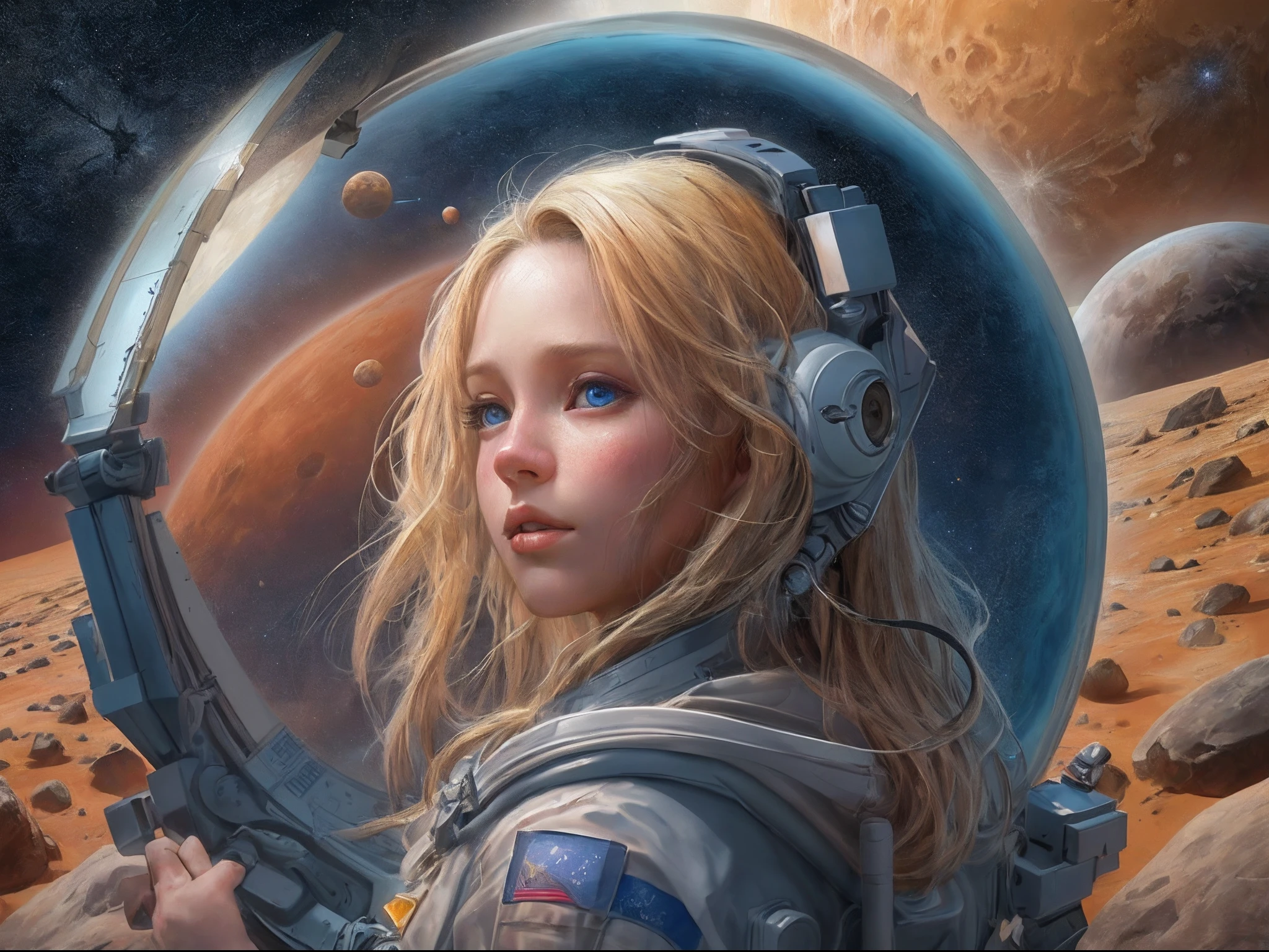 there is an illustration of a fairy astronaut standing on Mars looking into space seeing the vast of stars and space, head shot, blond hair, long hair, blue eyes, ultra detailed face, space and stars as background, sense of infinity, Ultra-Wide Angle, high detail, award winning, best quality, HD, 16K, high details, best quality, highres, ultra wide angle, photorealistic, ultra realistic [[anatomically correct]], high details, best quality, 16k, [ultra detailed], masterpiece, best quality, (extremely detailed), ultra wide shot, RAW, photorealistic,