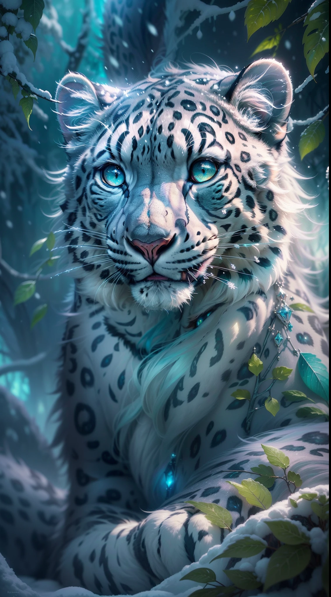 ((ultra-detailed)), (highly detailed CG illustration), ((an extremely delicate and beautiful Snow leopard)), cinematic light, Create a stunning fantasy artwork that mimics the style of currently trending masters of the genre. The art piece should contain elements of both mythic fantasy with colorful accents. ((Utilize various shades of blue green and watercolor pastels as the main color scheme.)) The maincoon in the artwork is a fluffy with an aura of mystery and magic, mesmerizing eyes with vibrant colors and bold shading. The fur of maincoon should be designed with gossamer feathers, silk, stunning embroidery, and subtle iridescent details. Incorporate dreamy colors, dynamic lighting, and detailed background elements to create a sense of awe and immersion. Include magical aura. Consider, (((masterpiece))), (((best quality)))
