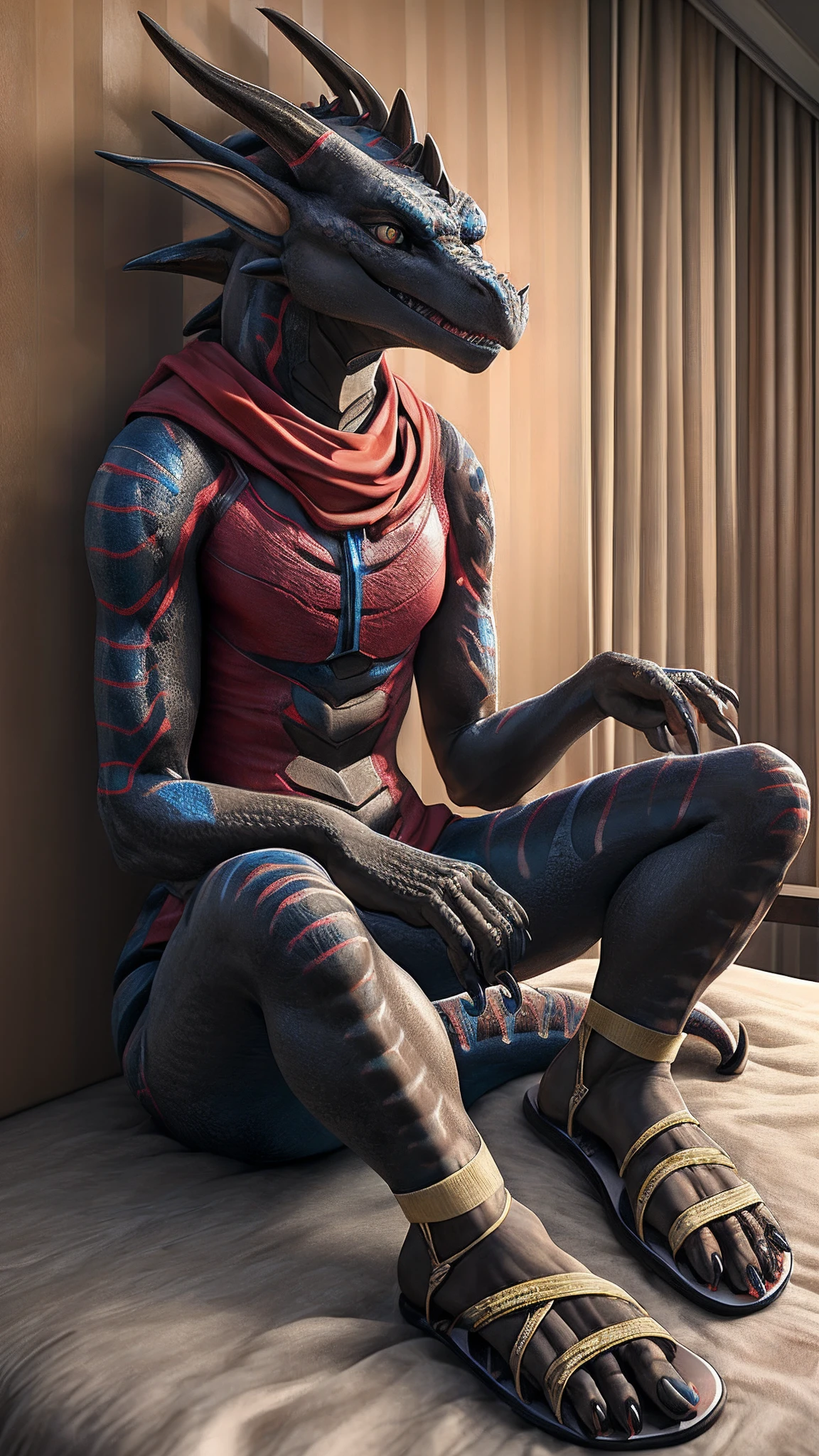 dragon,female,Android,Red Lingeri,sandals,Sitting on a hotel bed,Bundled,HD graphics,Detailed and realistic,high detal,high qulity,photo-realistic,photorealistic eye,Detailed paws,Clear eyes,Masterpiece artwork,Five-fingered hands,top-quality,32k,hyper HD,cg art