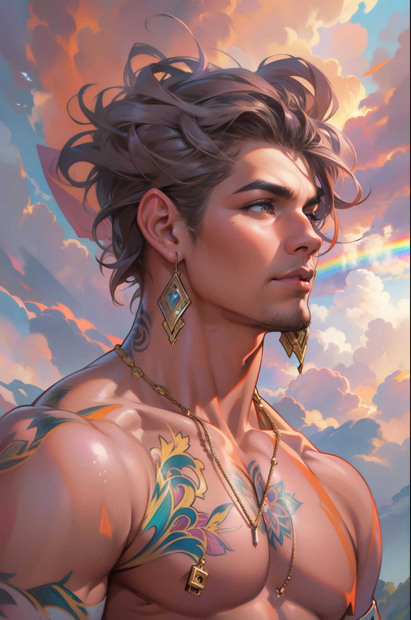 It's a candy world,Stoic male portrait,Shirtless with rainbow pants,Sweet style, Pink sky and clouds in the distance, Fitness,full bodyesbian,high definition detail（Watt hair，Ploy chrome tattoo），Thick eyebrows, fantasy， Centered, Dark, smokey, Digital painting, art  stations, concept-art, smooth, Sharp focus, illustration,  author：Artgerm、Greg Rutkowski和Alphonse Mucha