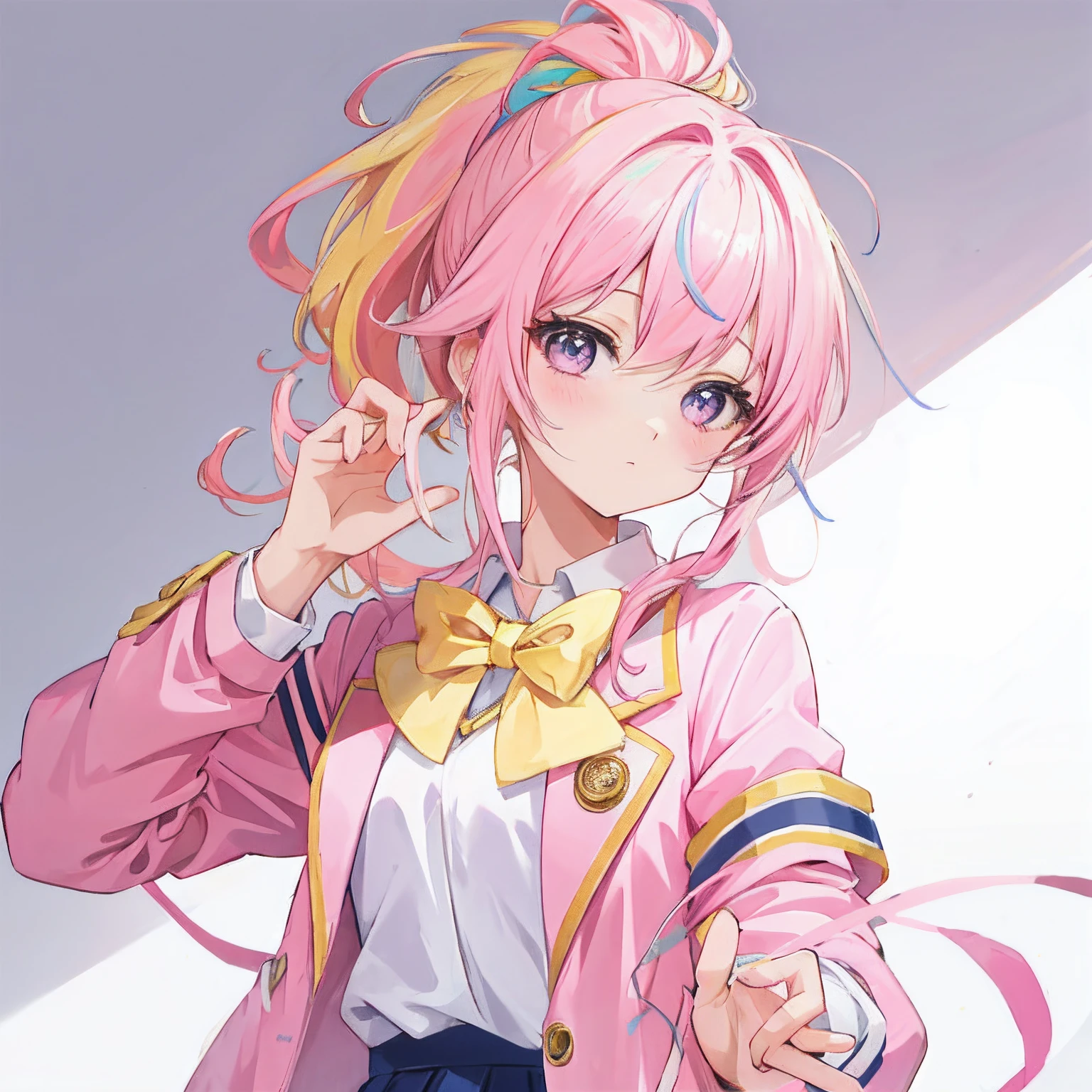 Pink yellow hair，Anime girl in pink jacket and school uniform, Cute girl