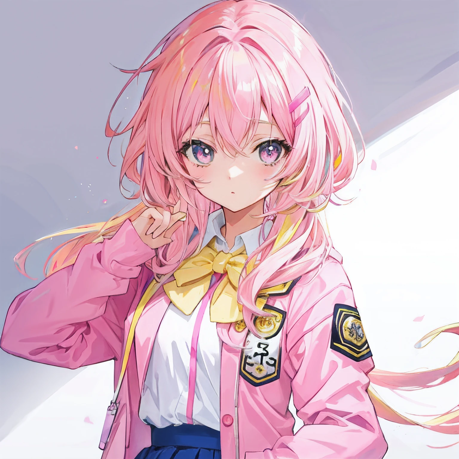 Pink yellow hair,Anime girl in pink jacket and school uniform, Cute girl