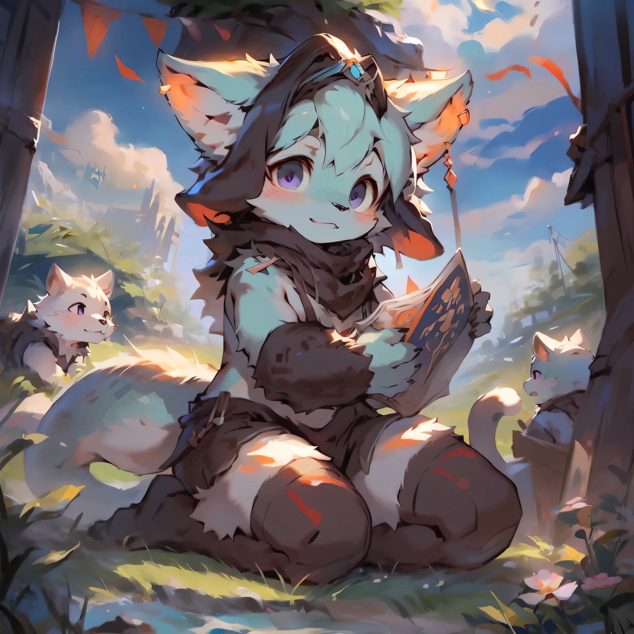 A curious female cat cub stands in the vast grassland. He has cyan fur,Cyan skin Thick tail, Big hairy ears. Wearing a green scarf. a purple eye,sun shining through clouds. Small birds fly nearby,Female cat cub with a smile on her face,
break
Full body diagram,anthro,Furry,feral,(Digital media \(artwork of a\):1.2),(hi,It's nothing,absurd res:1.2),Perfect anatomy,Anatomically correct,Detailed,Detailed face,Detailed eyes,(Realistic fur,Detailed fur:1.25),Detailed background,amazing background.
Break
(author:Puinki \(artist\):1.2),(author:Xia Huaiting:0.8),(by Rikose:0.5),(by Ro:0.9),(by Pino Daeni:0.8),(author:Sios Shiru:0.8),(by Chunie:0.8).