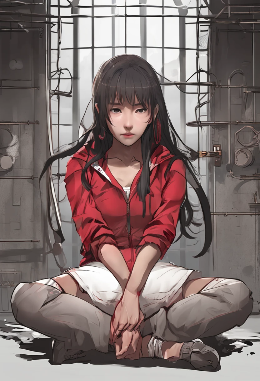 A young Asian female prisoner，Look nervously at the camera，Wearing a red prison uniform，A circle on the prison uniform，The word 'prisoner' is written in the circle，tmasterpiece、Best quality at best，offcial art，extremaly detailed cg ，8k wallpaper，ultra - detailed，Extremely refined and beautiful，primitive，Movie Angle，afloat，beatiful detailed eyes，cinmatic lighting，Extremely delicate and beautiful，Long hair，Crystal texture of the skin，Super meticulous，Extremely delicate and beautiful，brightened light，Realist cinematic lighting。