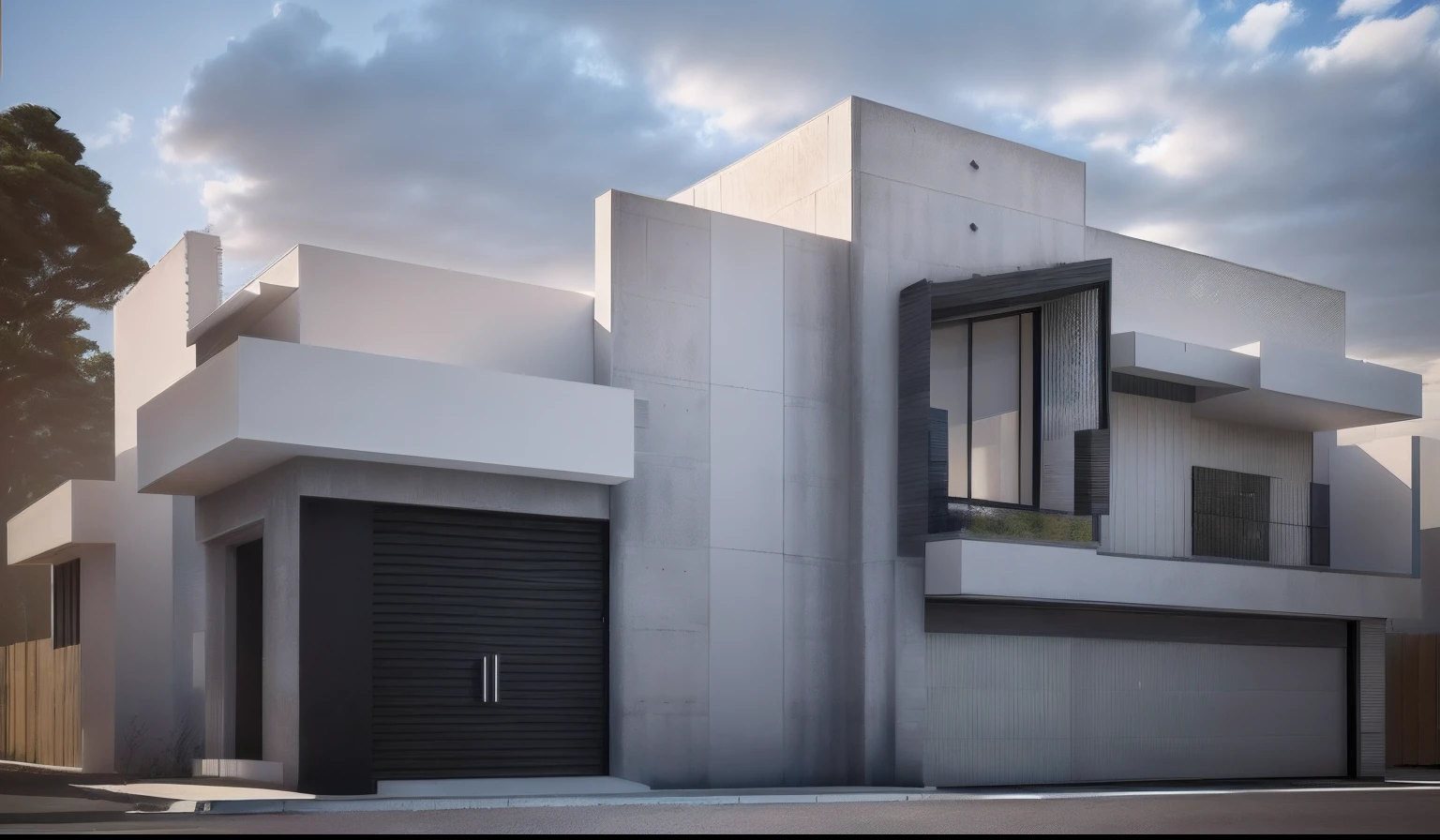 Rendering of a modern house with garage, 3D rendering, Fachada minimalista, architectural render, conceito hiperrealista, super detalhado, renderizar no vray, acabamentos em tinta branca, tijolos aparentes e concreto