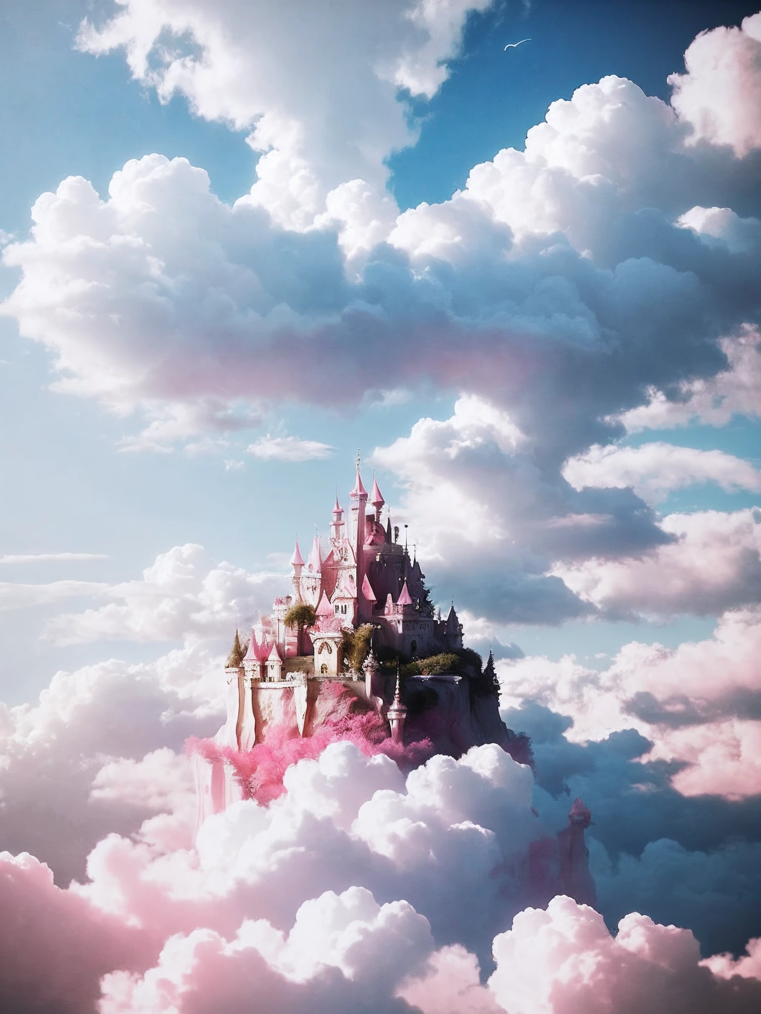 in white clouds fairyland, dreamy and romantic, dreamy atmosphere and drama, very magical and dreamy, dreamy scenes, heaven pink, On the cloud, the sky is pink, Heaven, in white clouds fairyland, Fantastical Atmosphere, Dreamy and ethereal, still from a music video