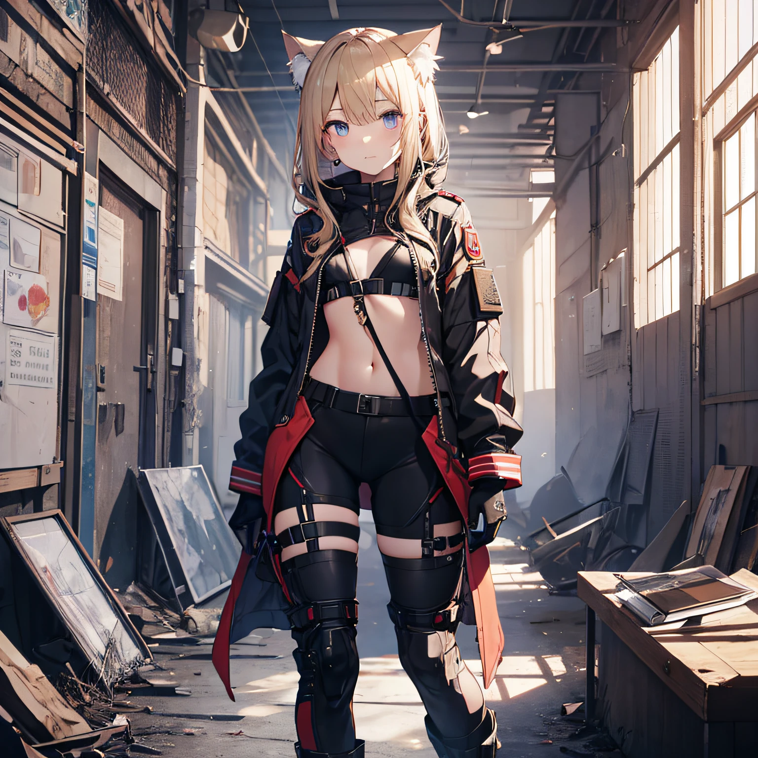 ukrainian girl , Ukrainian anime girl , The whole body consists of a young girl with messy light blonde hair, eye makeup, 11yo, Cat ears, Soft lighting, Solo, Wearing a shabby, dirty, ragged futuristic military uniform, Cat's paw badge, Pose, Spot color, rendering by octane, Ultra-realistic intricate details, Cinematic, 8K resolution, 70mm, emphasis lighting, Global illumination, Full body portrait, clean detailed faces, complex clothing, Cute face, Flat chest, Slim waist, Slim legs, Small hips