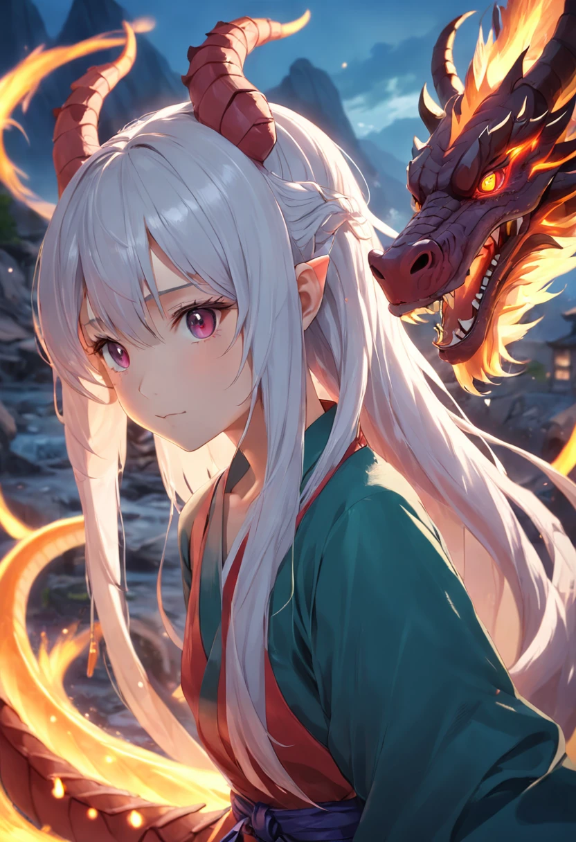 whaite hair,Lan Xiao,Dragon's horn,Dragon tail,dual horsetail