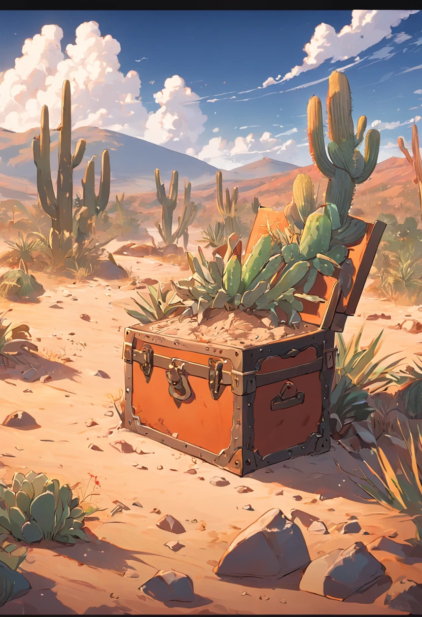 Bau de tesouro fechado ao longe na paisagem, bau do tesouro, Cactus plants in a desert area with a sky background, caatinga, paisagem do deserto, Desert scenery showing a treasure chest.