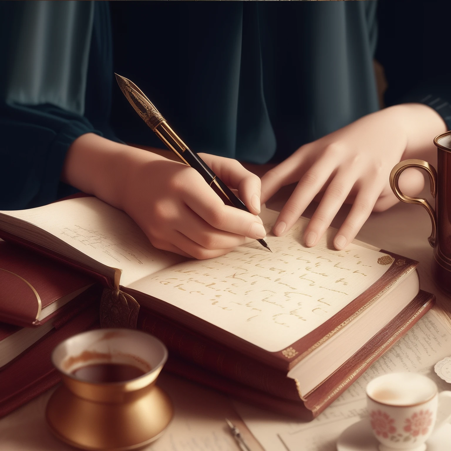 A woman writing a letter in a book with a pen and a cup of coffee, writing in journal, escrever uma carta, Escritos, diary on her hand, manuscrito, full page writings, papel e caneta, escrita intrincada, Beautiful image, writing on a clipboard, Escrita antiga, caligrafia, historical fiction, Papel de parede - 1 8 99 , bela foto realista