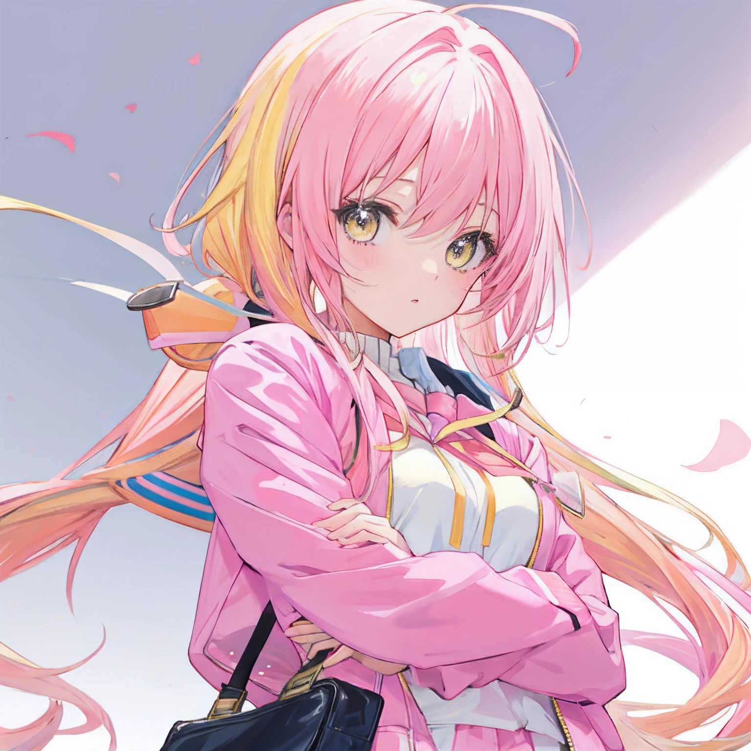 Pink yellow hair，Anime girl in pink jacket and school uniform, Cute girl