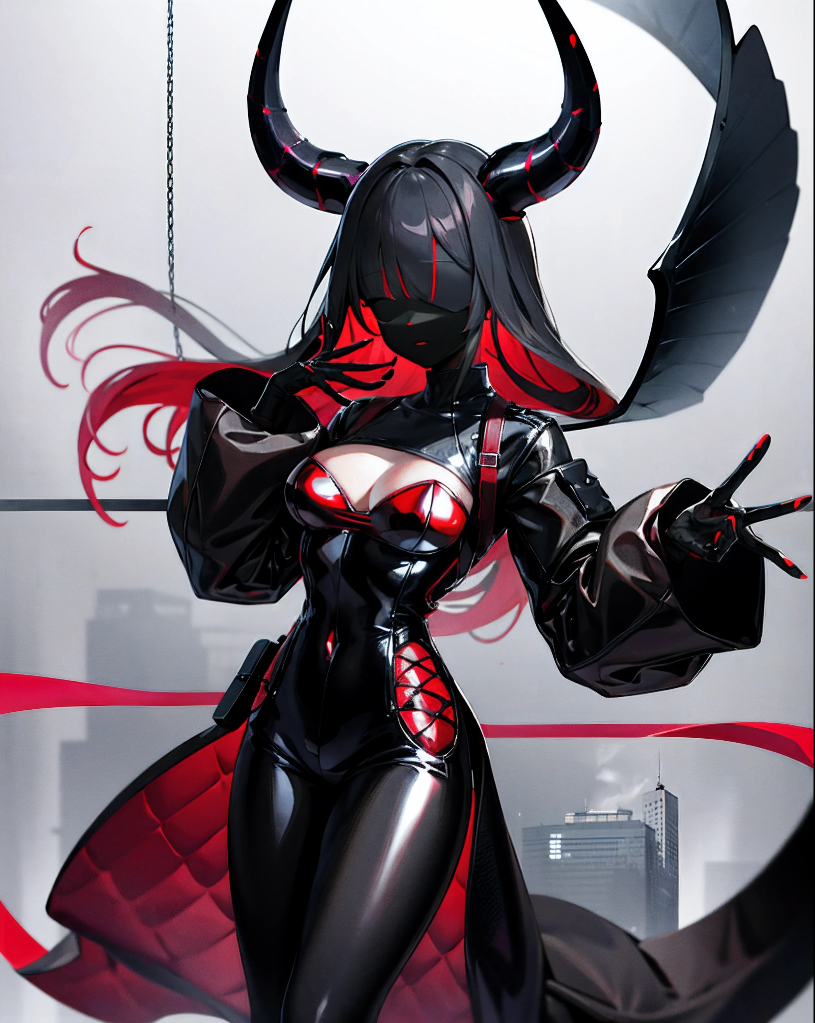 Red, black, demon wings, red horns