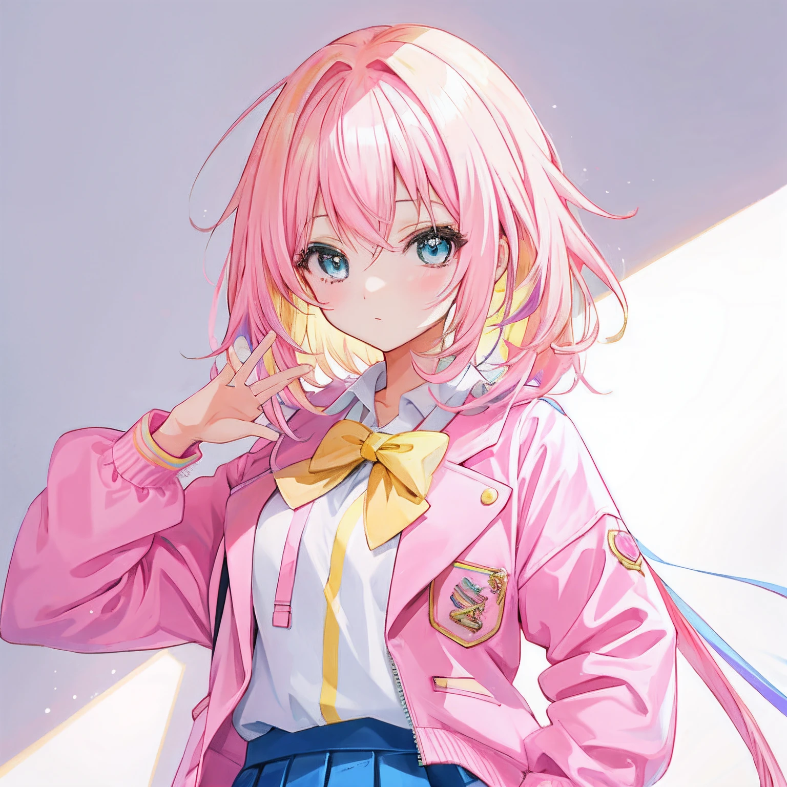 Pink yellow hair,Anime girl in pink jacket and school uniform, Cute girl