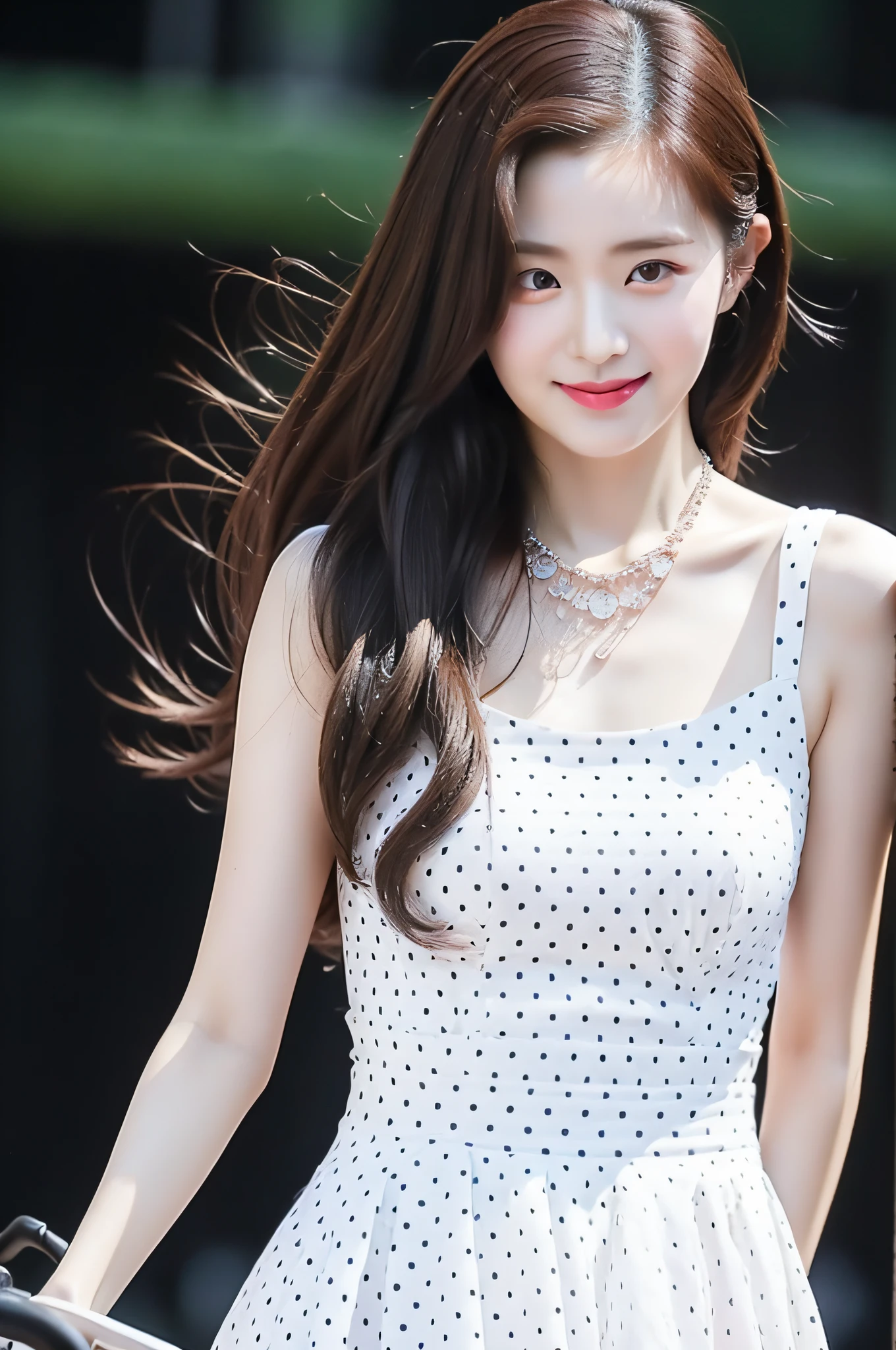(top-quality、8K、​masterpiece、nffsw:1.2)、simple background、White Bicycle、Mamachari、Front and rear wheels are shown.、A Japanese Lady、in her 20s、elegant look、Slender figure、ssmile、Brown hair color、Longhaire、poneyTail、Riding a bicycle、Standing and riding a bike、a necklace、Polka dot dress、Less exposed skin、sandal、wide-angle lens、Extremely detailed、A hyper-realistic、Photorealsitic、Clothes are not see-through、