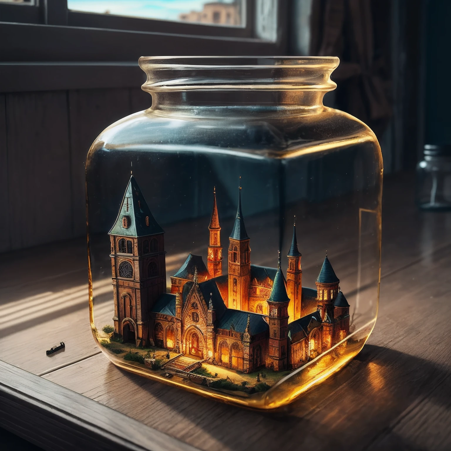 a medieval city tucked inside a square glass jar with lid, placing on the windowsill, extremely detailed, 8K, apocalyptic punk style, miniatures, macro photography in close-up