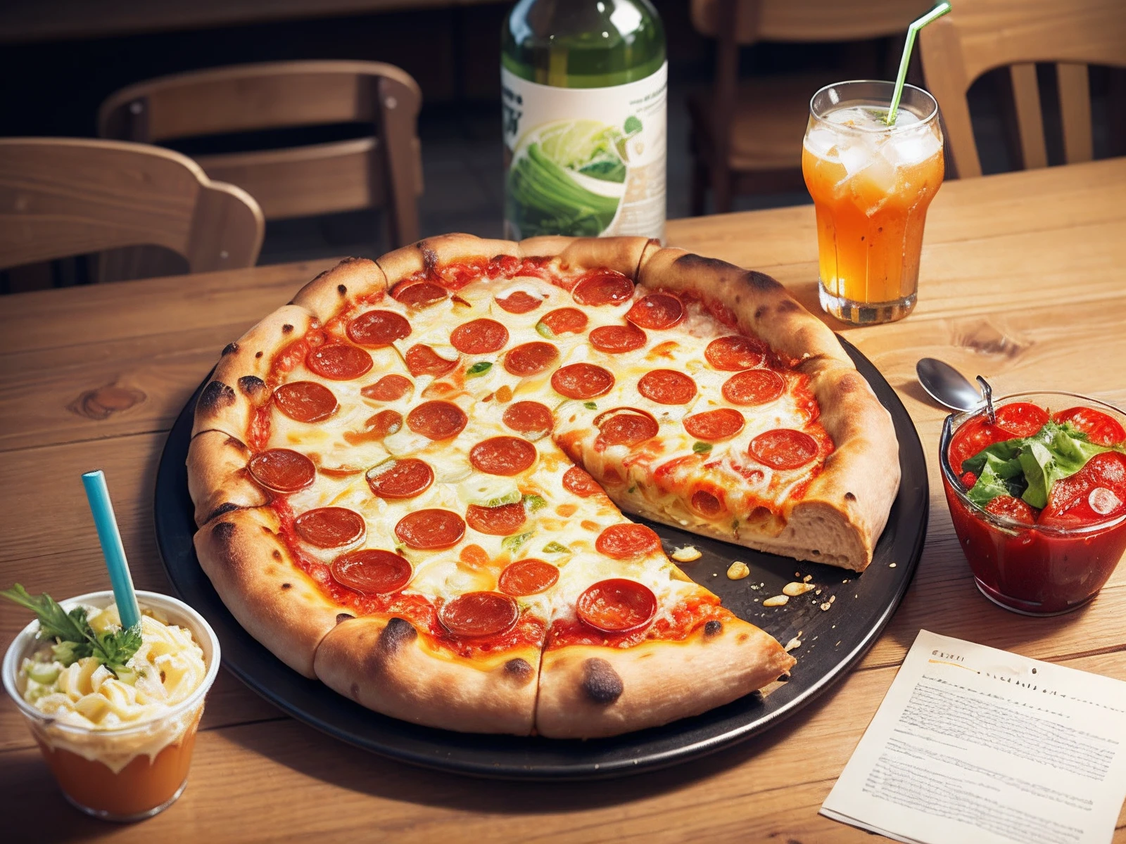 Pizza, drinks, salad and vinegar on the table --auto
