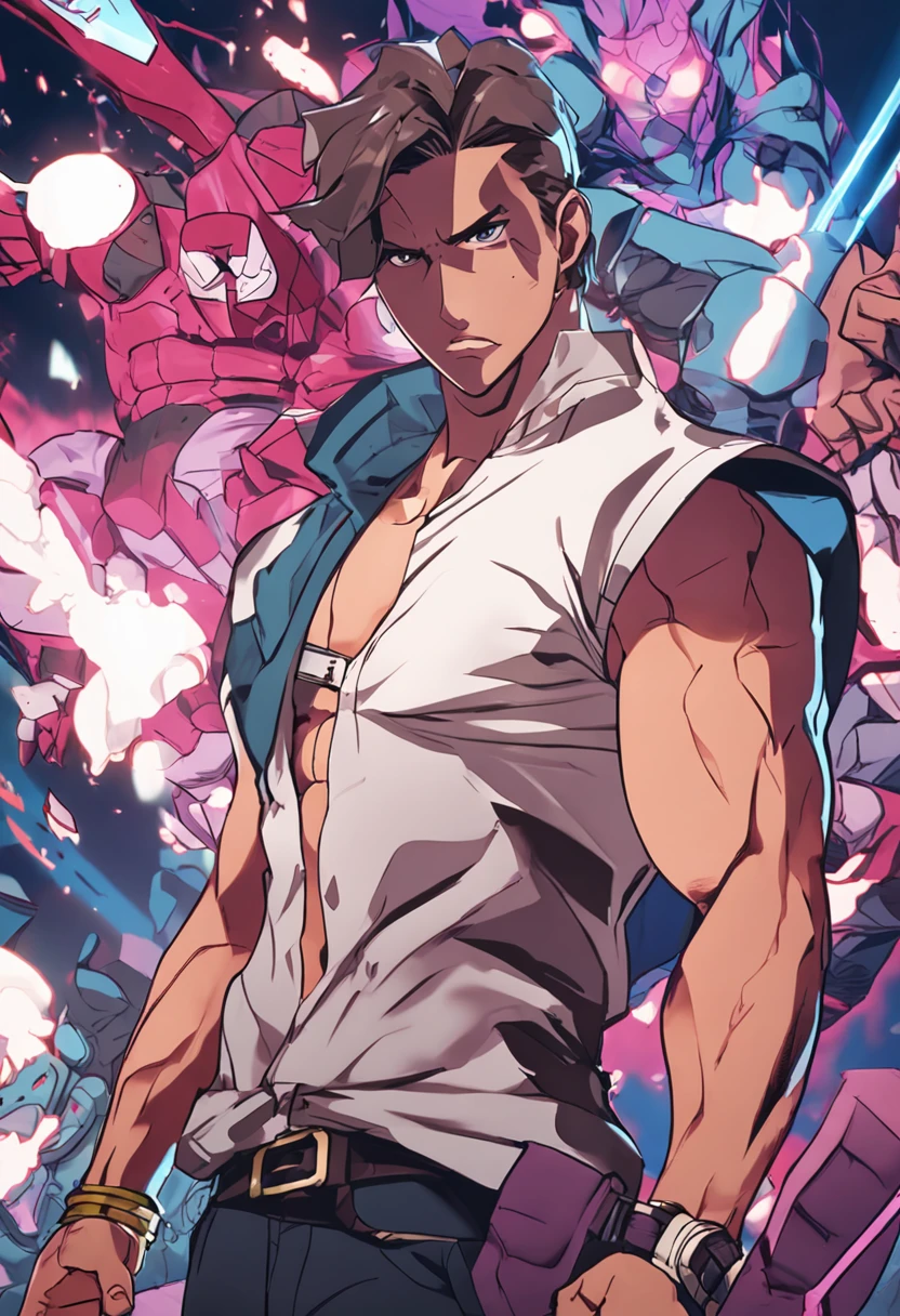 "JOJO,Handsome muscular male protagonist,Intense showdowns in battle scenes,Stunning moves and special effects,Passionate sound and music,Vibrant colors and movement,Showcasing JOJO's unique style and charm。"
