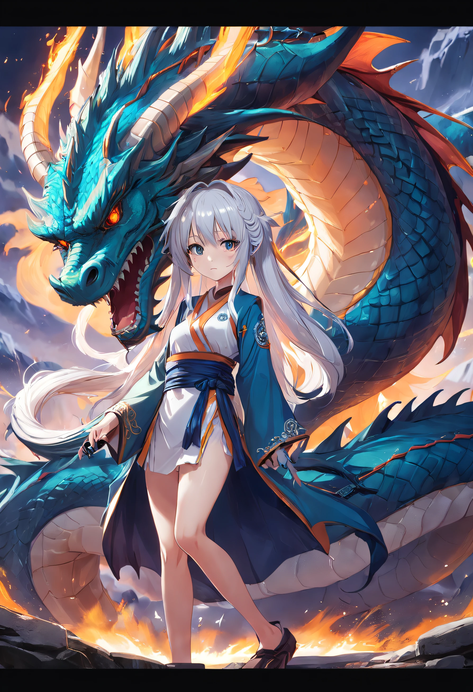 whaite hair,Lan Xiao,Dragon's horn,Dragon tail,dual horsetail