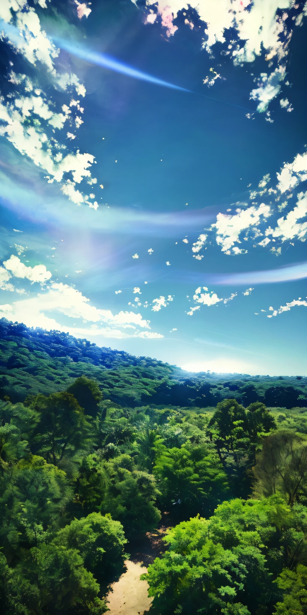 Illustration of a surreal, otherworldly, hyper sky scene including a giant crystal tree full body, highly detailed and magical lighting, intricate forest details, vegetation and surrounding river, solar punk, landscape, giant tree , beautiful green leaves, beautiful lighting and realistic proportions, as if this is a movie background, 8k, highest quality, masterpiece, clouds and stars in the sky.