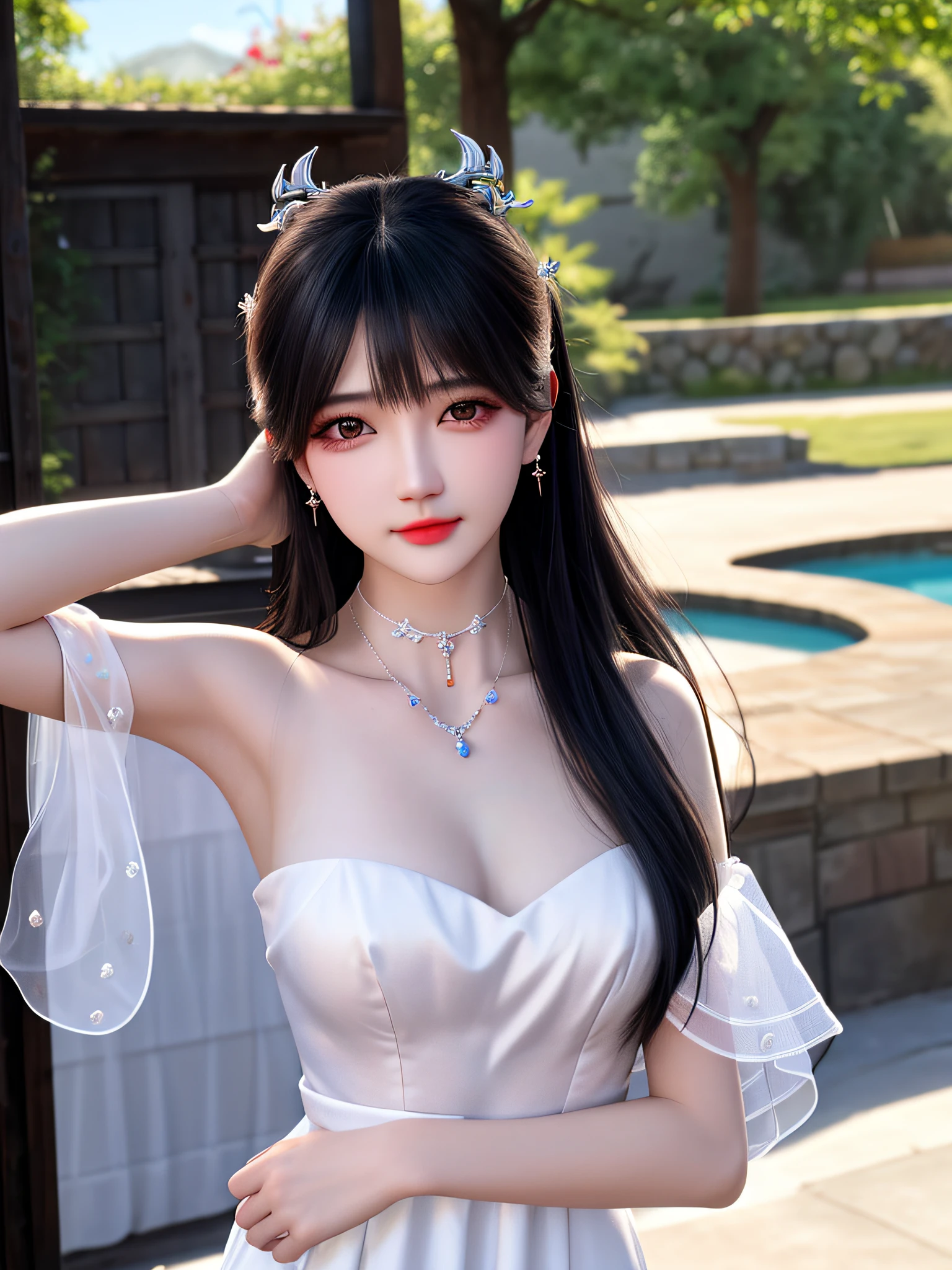 Best quality、tmasterpiece、A high resolution、1girl、perfect body figure :1.4,Delicate collarbones,beautiful make up,Exquisite and perfect facial features,white dresses、Bandeau Dress、Sheer silk porcelain dress、Nice face、hair adornments、Facing the camera、ssmile、二重まぶた、Shut your mouth、cparted lips、shift dresses、hair adornments、choker necklace、jewely、Long flowing hair、耳Nipple Ring、pretty face、on the body、Tindal effect、hentail realism、Tyndall effect,Photorealistic, rim lit, twotonelighting,edge lit,(highdetailskin:1.2)、8k UHD、DSLR、softlighting、high high quality,Volumetriclighting,DSLR camera high quality wallpapers、A high resolution,8k,blur backgroun