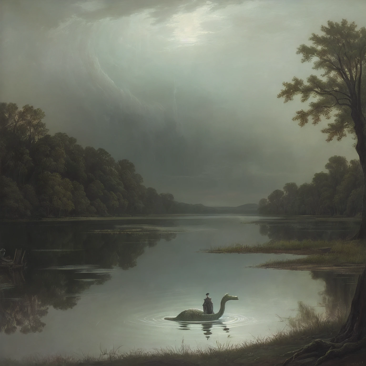 n this 19th-century oil painting, a mythical creature is subtly suggested beneath the murky waters of a New Jersey lake. The scene, steeped in drama and moodiness, captures a historical depiction of local folklore. The swampy lake setting adds an element of mystery and intrigue, hinting at the lurking presence of a lake monster.