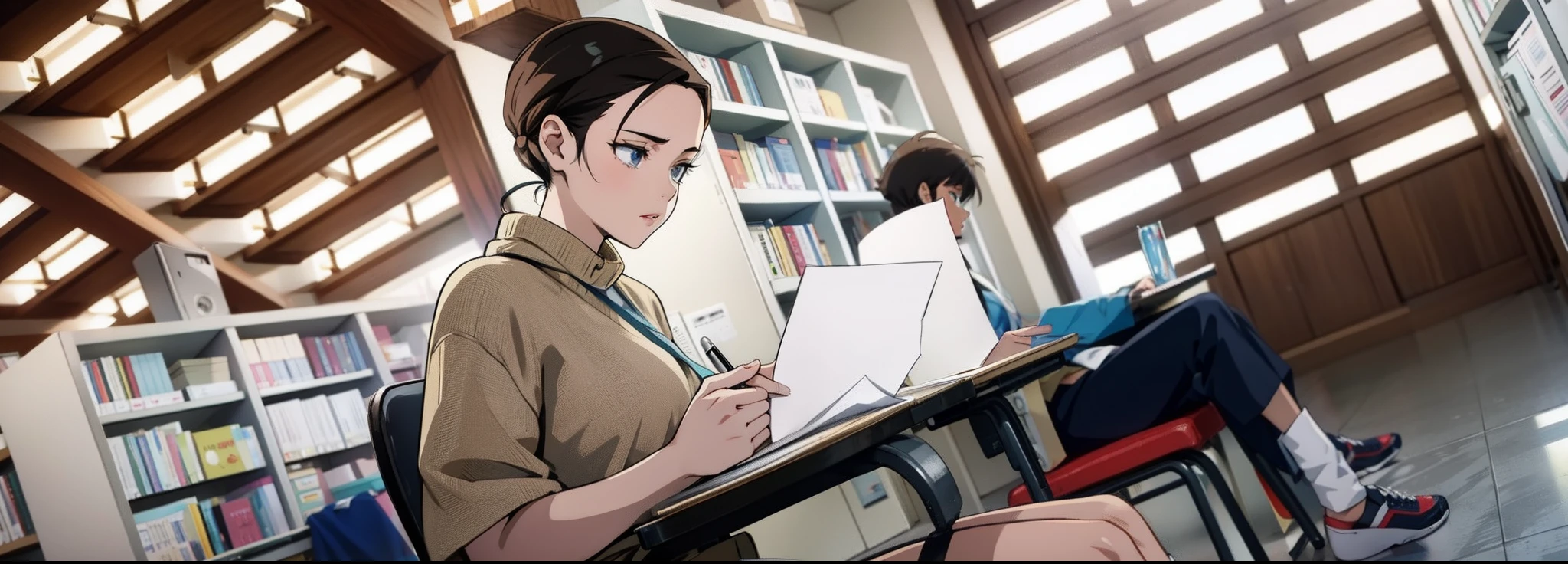 Anime scene, a girl in the exam room, tied hair, flipping paper