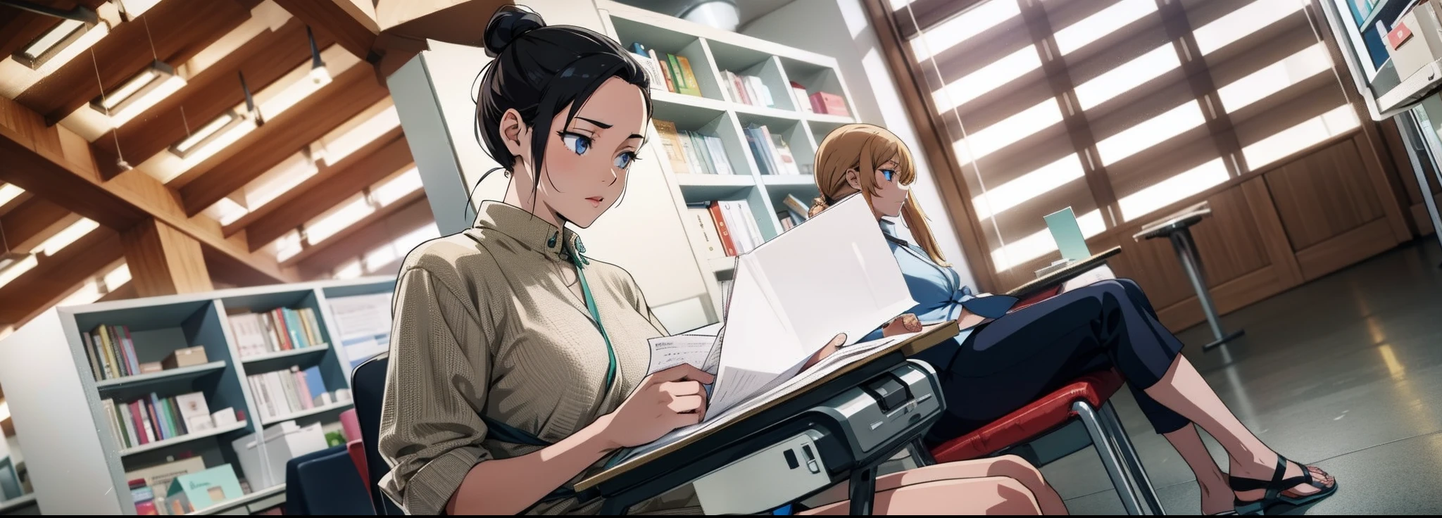 Anime scene, a girl in the exam room, tied hair, flipping paper