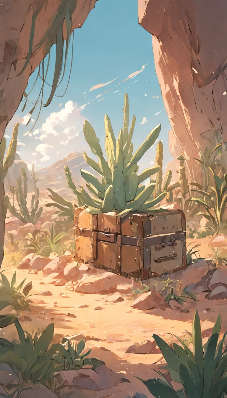 Bau de tesouro fechado ao longe na paisagem, bau do tesouro, Cactus plants in a desert area with a sky background, caatinga, paisagem do deserto, Desert scenery showing a treasure chest.