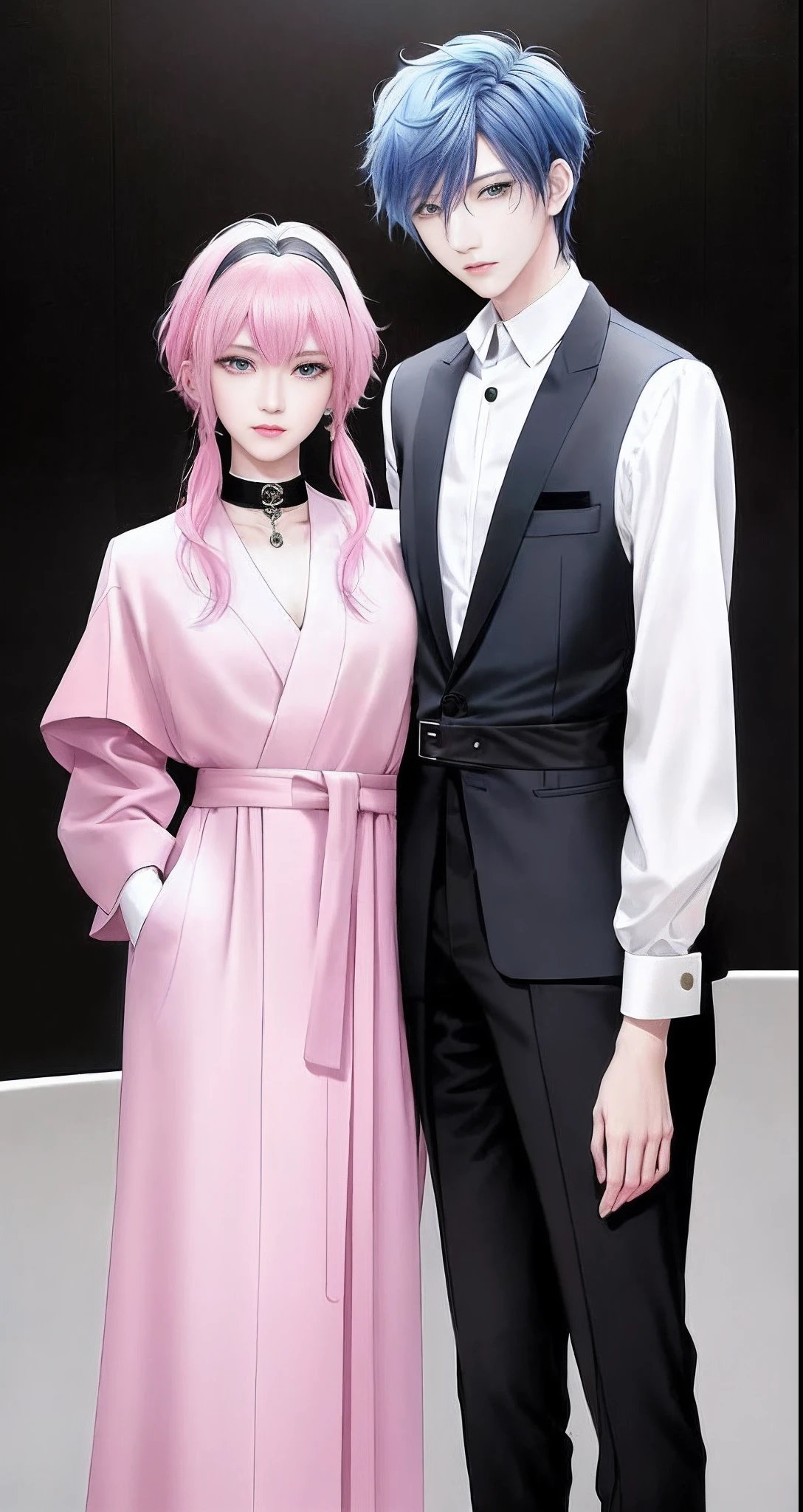 ((Male and female couples)), Idol Photos, Magazine covers, Photos of actors, Professional Photos, Height difference, tall male, Happiness, youthfulness, extra detailed face, detailed punk hair, very detailed character, inspired by Sim Sa-jeong, Cai Xukun's, detailed realistic faces, highly detailed realistic face, high detailed face anime, realistic detailed face, Accurate detailed face, attractive androgynous humanoid, Cool Korean fashion in black, ((With a man with light blue hair)), ((Woman with pink hair)), ((Woman with long hair below waist)), ((Man with short hair over ears)), ((Pink hair woman with gentle expression)), ((Man with light blue hair with wild expression)), high-level image quality, ​masterpiece, Photographed so that the whole body can be seen, Photographed to make clothes look beautiful, Take your eyes off, ((two individuals)), ((British couple))