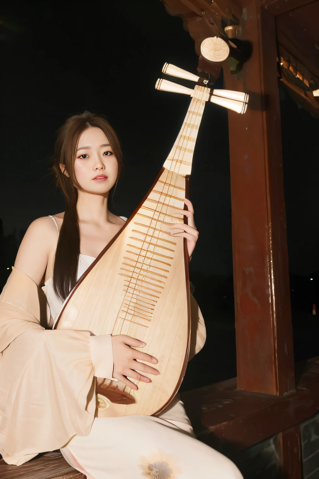 The Arad woman sat on a bench，Holding a large instrument, Holding a lute, inspired by Gu Kaizhi, is playing a lute, lute, world of lute, Chinese traditional, With a harp, style of guo hua, xintong chen, Inspired by Song Maojin, Inspired by Tang Yifen, Inspired by Huang Ji, gongbi