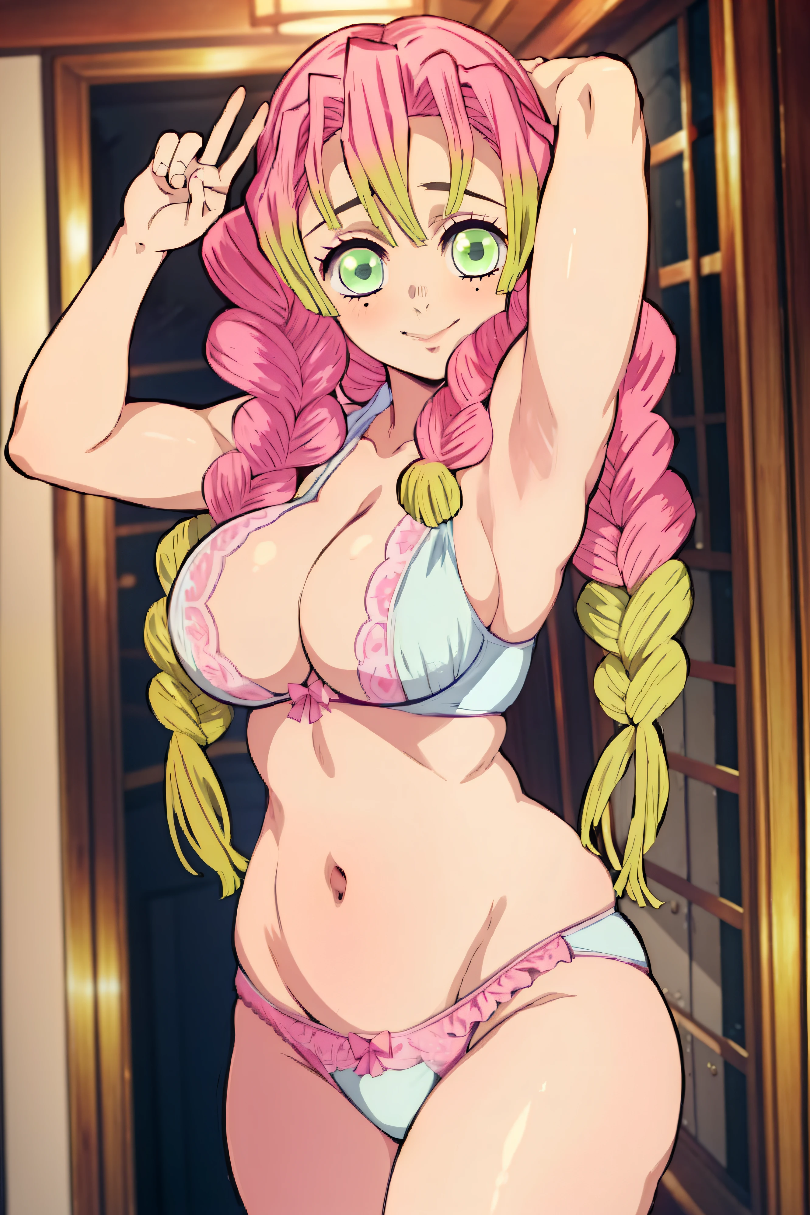 (masterpiece, Better Quality), 1girl in, Mitsurikan Log, Dazzling, smil, Breast, Armpits, Belly, muscle、PINK Underwear、Lace underwear、Voluptuous body、peace fingers