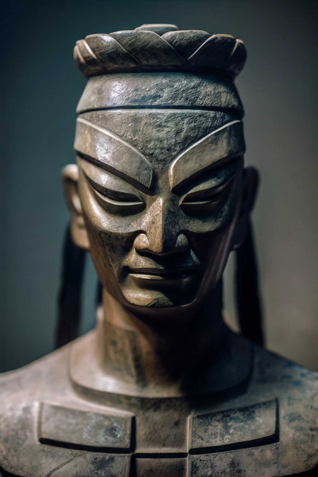 RAW photo, A close-up portrait of an ancient Chinese man,Samsung heap,Bronze mask,Gubu,strong muscle,(highdetailskin:1.2), 8K UHD, Digital SLR, Soft lighting, High quality, filmgrain, Fujifilm XT3, Soft light,Bokeh background