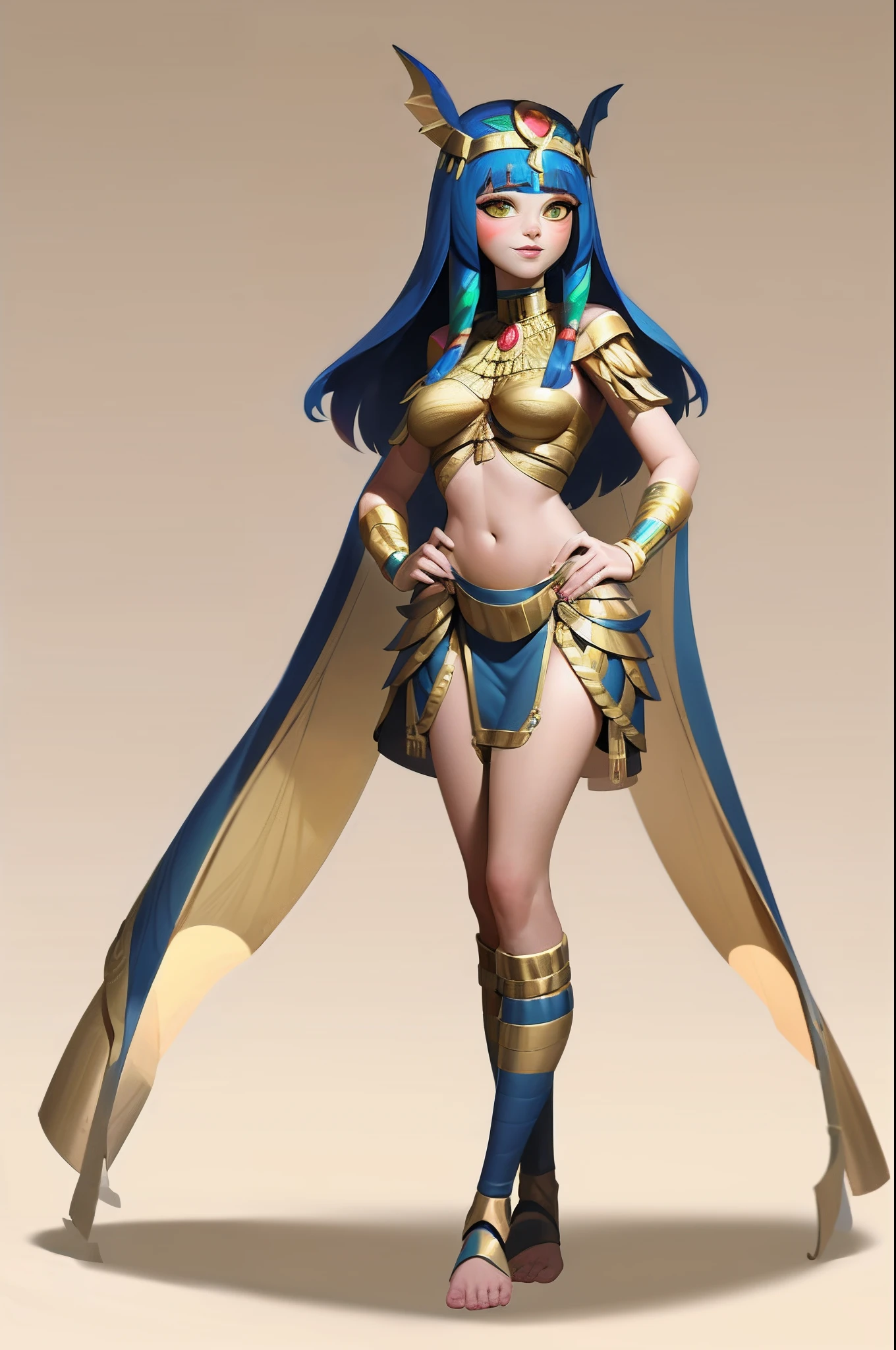 1girll、Cleopatra、Ancient Egyptian costumes、独奏,full bodyesbian,standing on your feet,European and American cartoon design,white backgrounid,Magical fantasy design,character concept design,tmasterpiece,best qualtiy,Best resolution,high definition detail